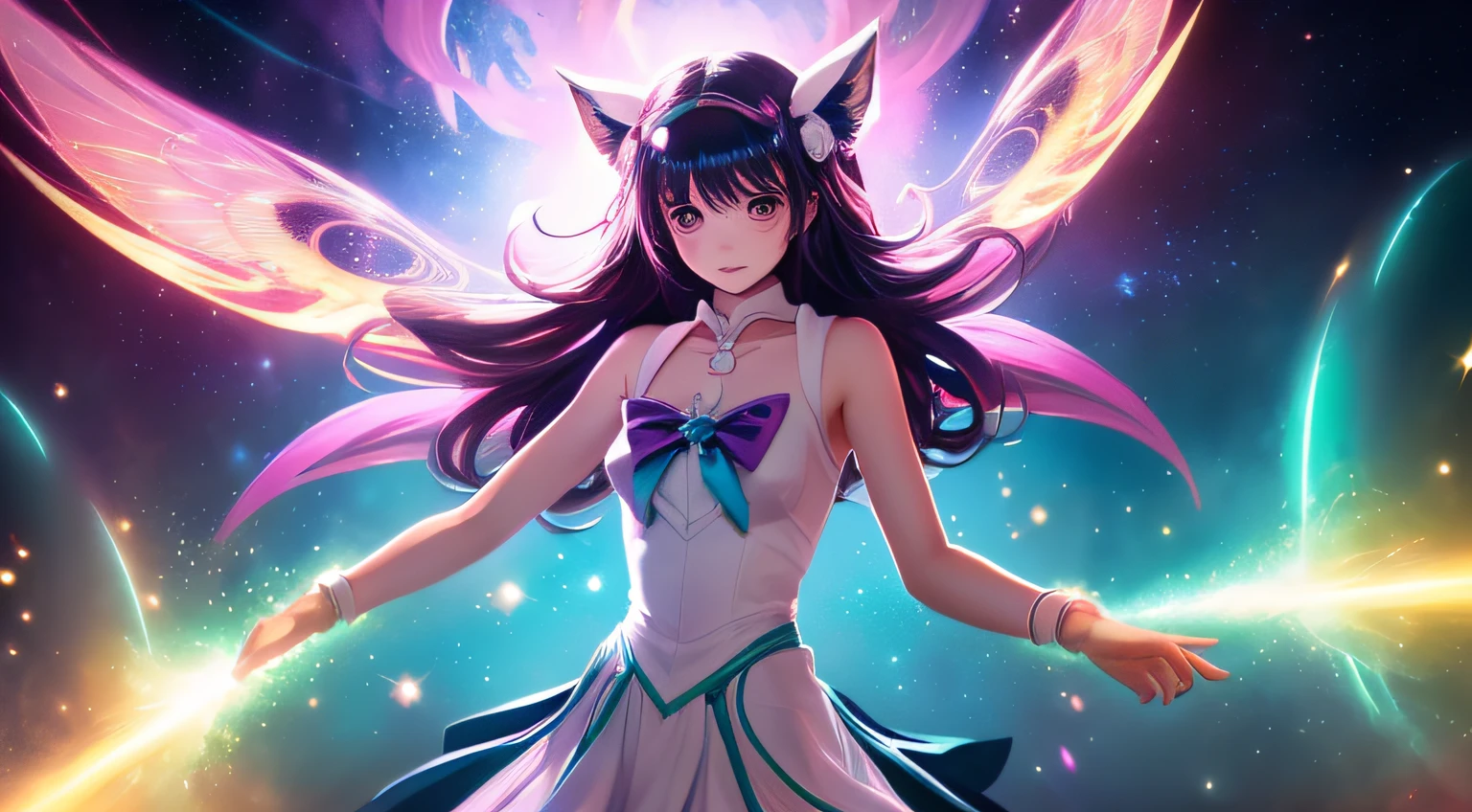 A woman in a white dress with purple wings and a purple dress - SeaArt AI