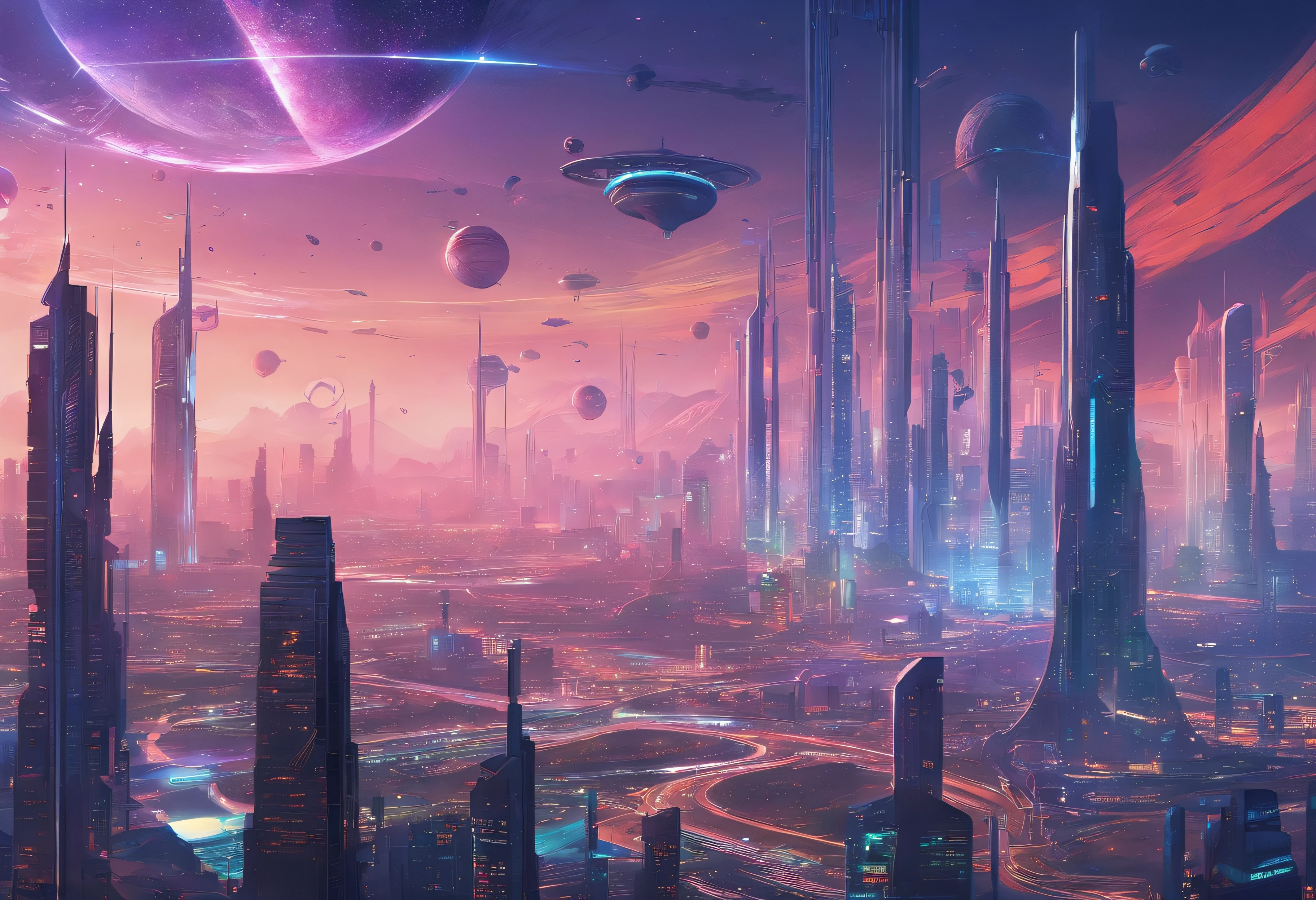 cyber punk perssonage、Cidade futuristica、planet earth、Skyscraper piercing clouds cyberpunk.SFart by、Utopian city、megacity、Dream、top-quality、tmasterpiece、Beautiful futuristic city