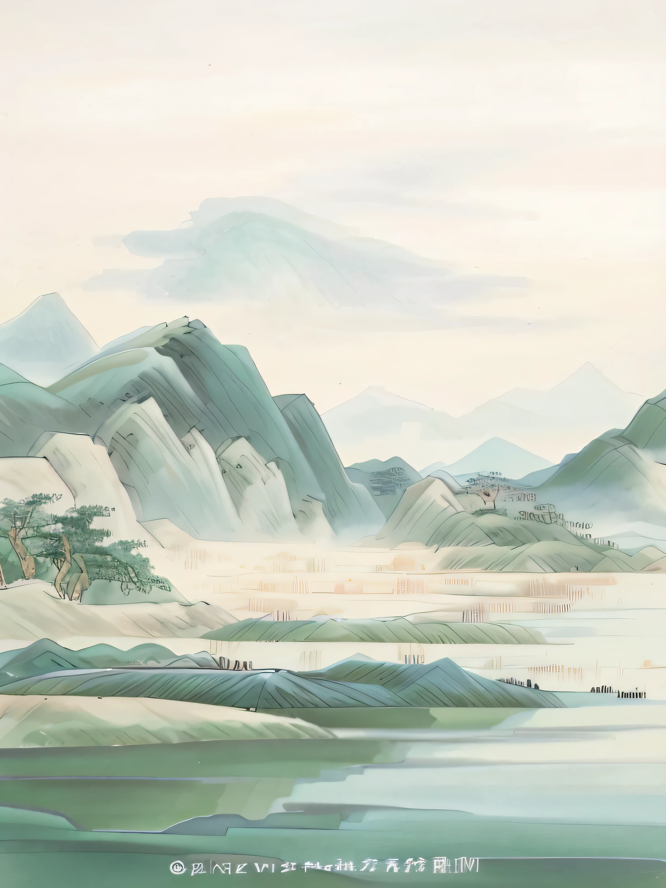 there is a painting of a mountain scene with a river, Detailed scenery —width 672, peaceful scenery, landscape artwork, Chinese landscape, Chinese painting style, in a serene landscape, Chinese watercolor style, Landscape illustration, Beautiful Landscape Background, peaceful landscape, Chinese style painting, author：Qiu Ying, serene vast landscape, author：Song Xu, Landscape wallpaper, serene illustration