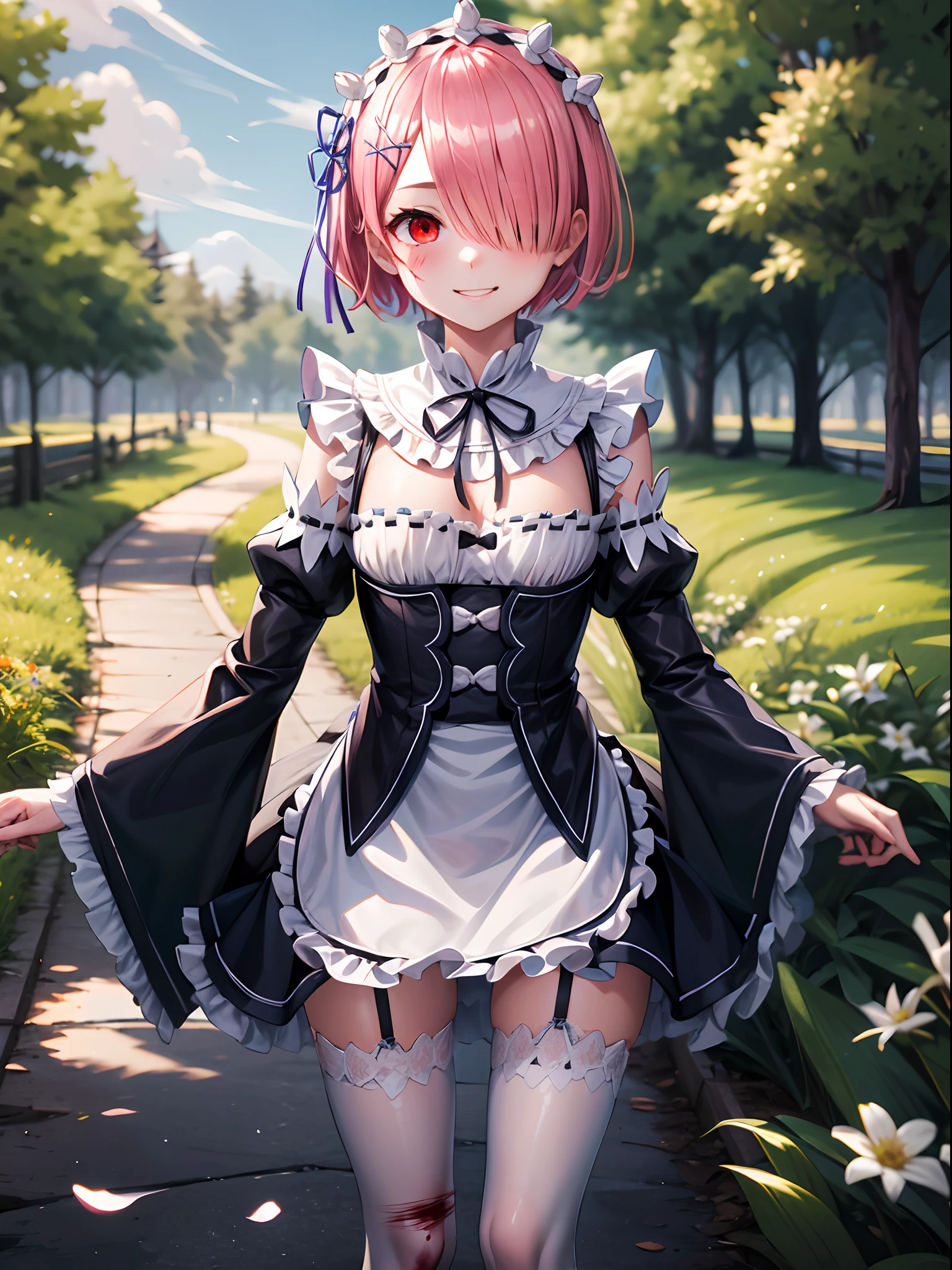 ​masterpiece, top-quality, Hi-Res, ram1, It's a cute smile、1girl in, 独奏, ram\(re:zero\), A pink-haired, white thighhig, shorth hair, red eyes, Hair above one eye, Ribbon Trim, Hair Ribbon, X Hair Ornament, frilld, Maid Headdress, waist apron, garter strap, Black ribbon, small tits, long-sleeve, White apron, Neck ribbon, Purple Ribbon, wide sleeves, flower in hair, arma, plein air, natta, the woods、ripped clothing、Blood on clothes、injury、