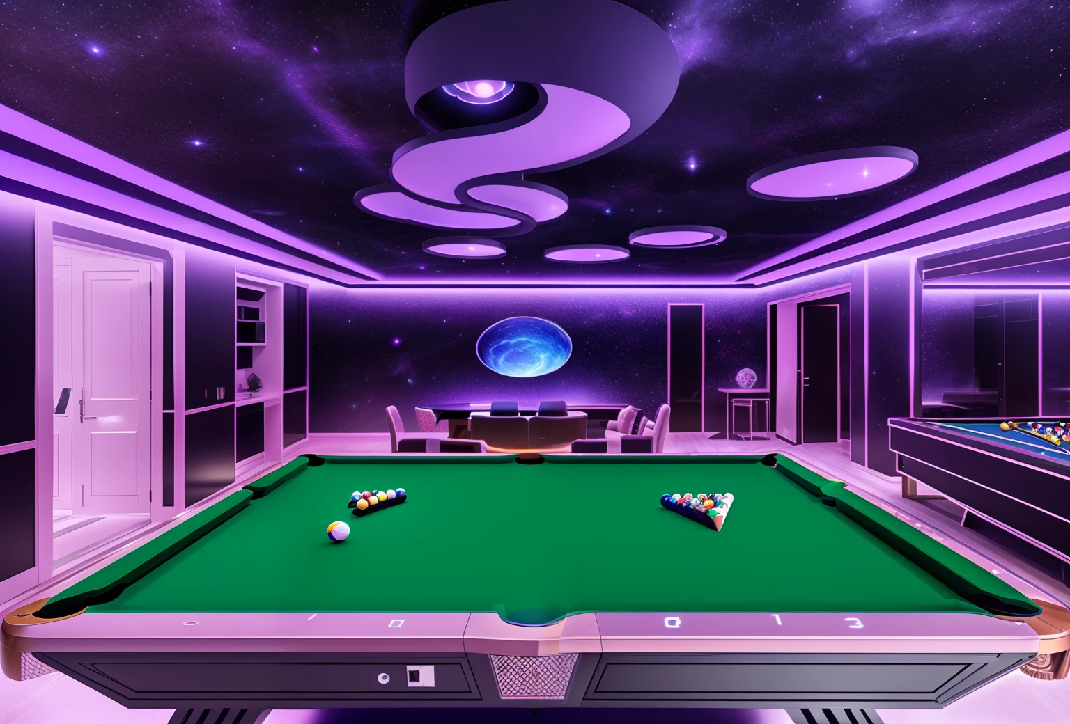Here is the translation of the description for a sci-fi-themed billiards room: This sci-fi-themed billiards room is filled with futuristic and cosmic elements. The walls of the billiards room feature a high-contrast deep space background, with nebulae and stars from distant galaxies seemingly visible. The floor is made of transparent material, creating the illusion of floating in space with stars and galaxies visible below. The billiards table itself resembles a spaceship, with illuminated tracks marking the playing surface, providing a unique challenge for players. The cues and balls all emit a neon glow, adding to the overall cosmic atmosphere of the space. Decorative space installations adorn the walls, resembling futuristic tech-art pieces from the future. Transparent ghost flowers are scattered throughout the billiards room, emitting a soft bioluminescent glow, adding an air of mystery to the entire space. This billiards room design is replete with cosmic wonders and elements of space exploration, offering a truly unique and captivating entertainment experience. --auto --s2