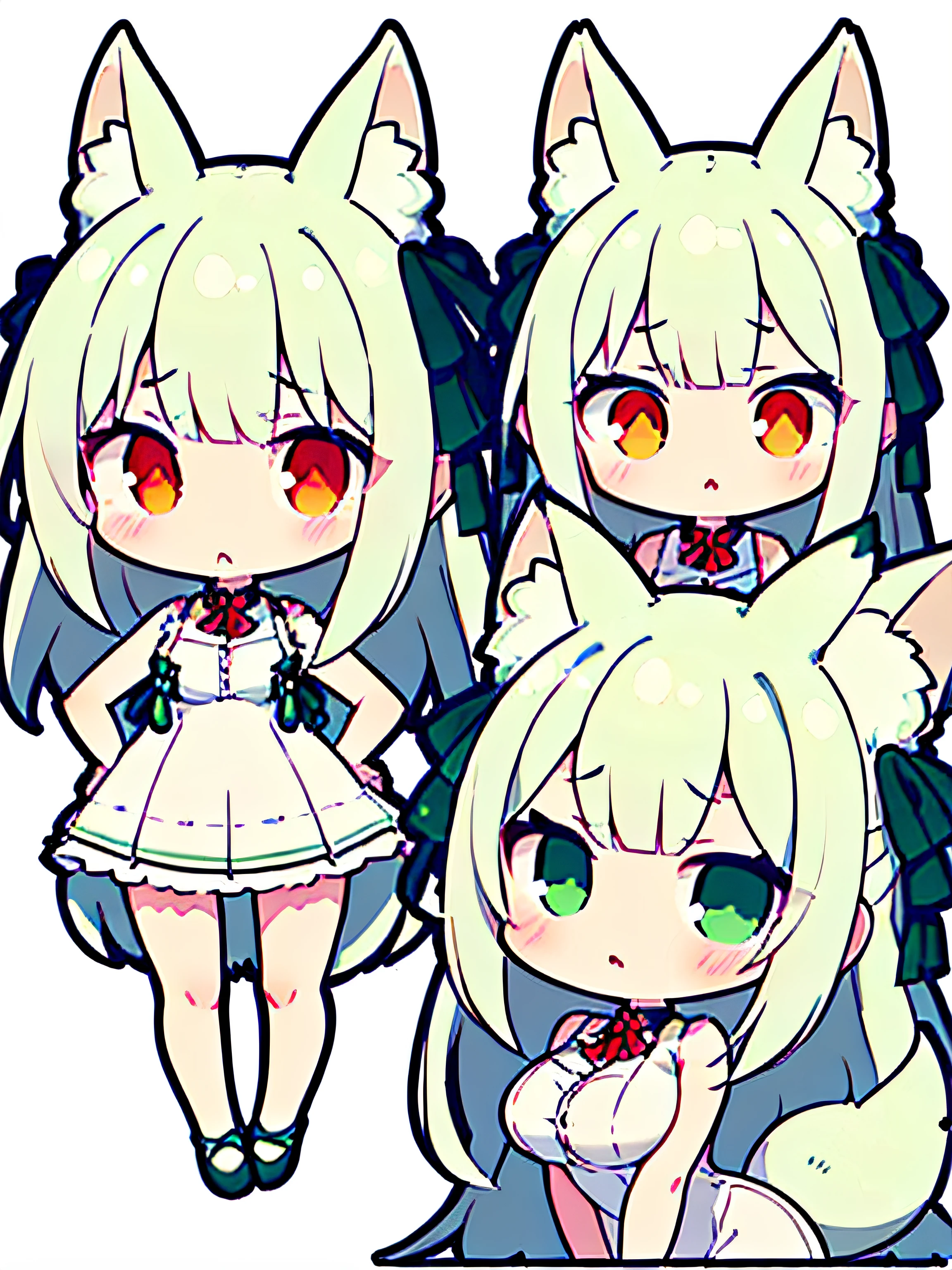 1girll,details (chibi:1.3),(s whole body:1.5), ((Blank white background:1.5)) looking down, blushing, sadness, :( and, close your mouth (Green one piece dress:1.2), ((white haired)), long hair, ((red pupil)), fox ears, fox tail, (A very large Green white ribbon on the top of the head:1.2), model sheet turnaround