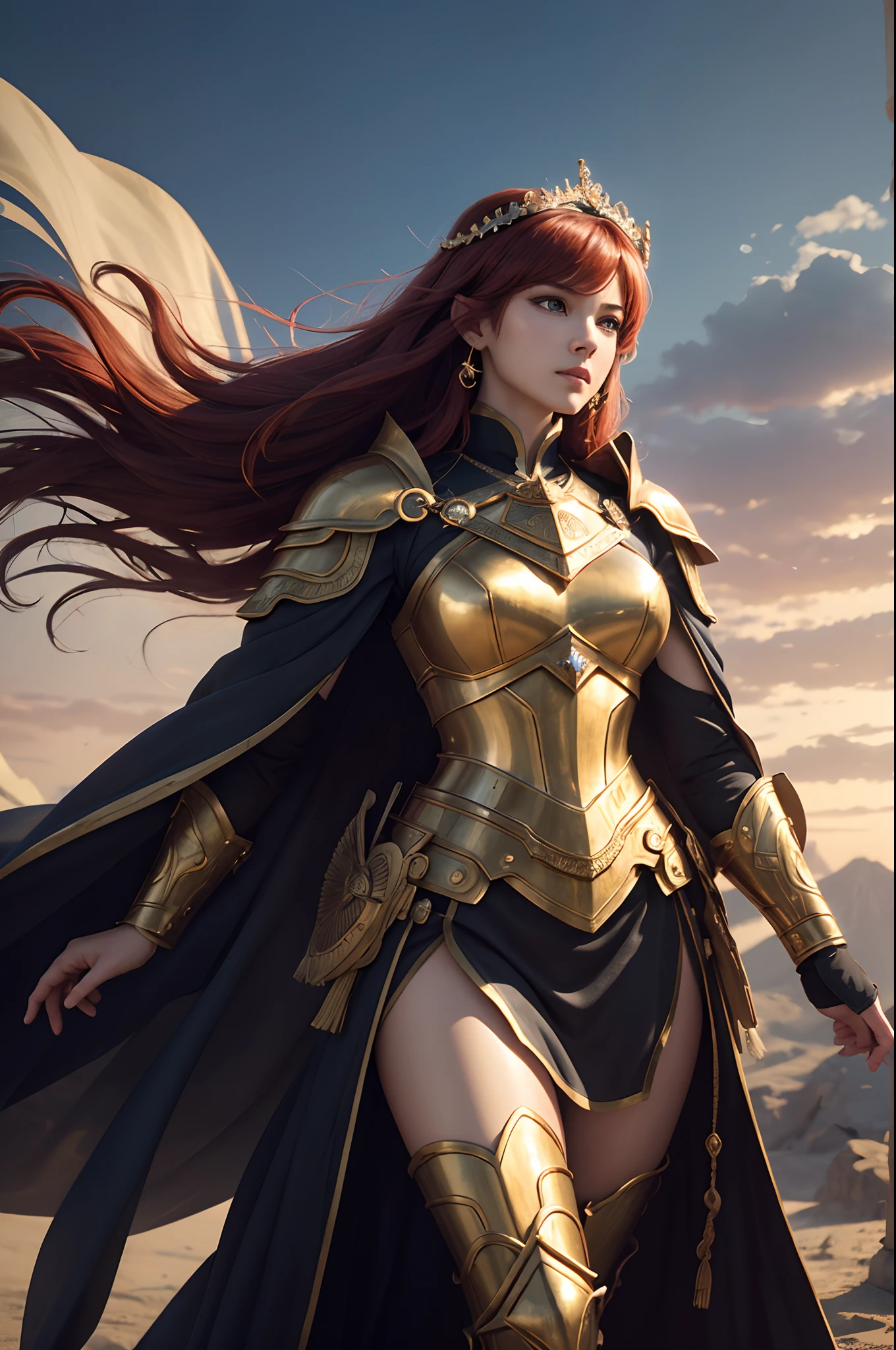 Fantasia、Babylonia、Battlefield Heroes、Best Quality, Very high resolution, 4K Detail CG, master piece、aesthetics、Queen of Thrones、Charisma、Ishtar, Goddess of War、Increase your fighting spirit、Invincible Great General、great、draconian、Be brave and bold、brave、Awe-inspiring Hall々、glorias、Prestige、Veteran Hero、Extraordinary beauty、Rin々Right、Guardians of Lions、refinement、noble、Proud、Wearing noble jewelry、Equip your weapons、The appearance is golden armor、Cloak wrapped in the wind、tall and slender、Long hair with fiery red hair、thirds rule、Perfect Angle、(((masterpiece)))、(((top-quality)))、((ultra-definition))、(High Definition CG Illustration)、((extremely delicate and beautiful))、Cinemachi