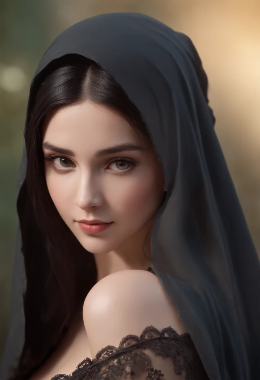 cartoon style girl full body ,black hair , wearing veil, different angles, character sheet
