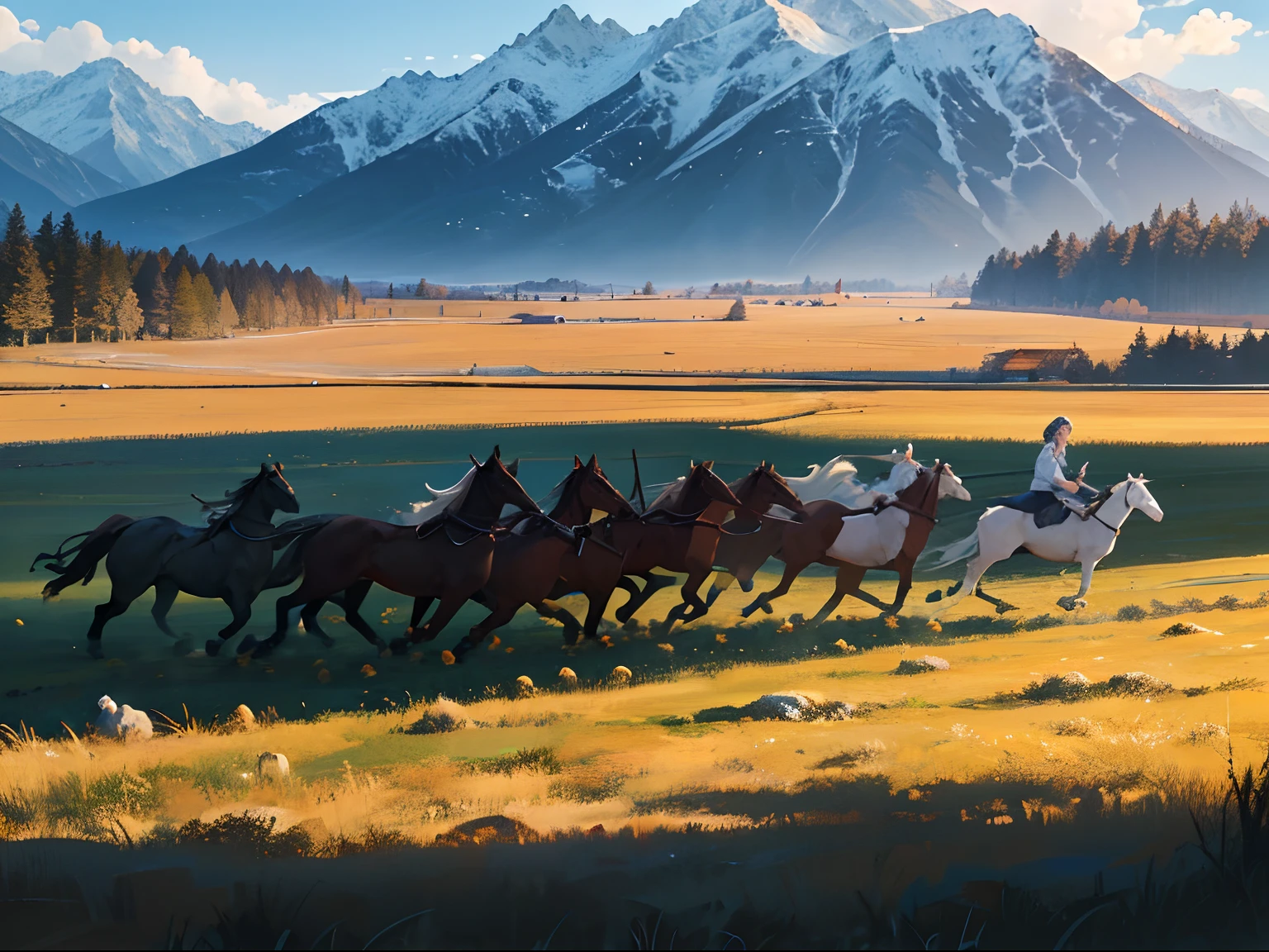 Running Horses group, at background mountains & forest realistic,  high quality, 8K Ultra HD, highly realistic, The camera captures every minute detail, Isometric --auto