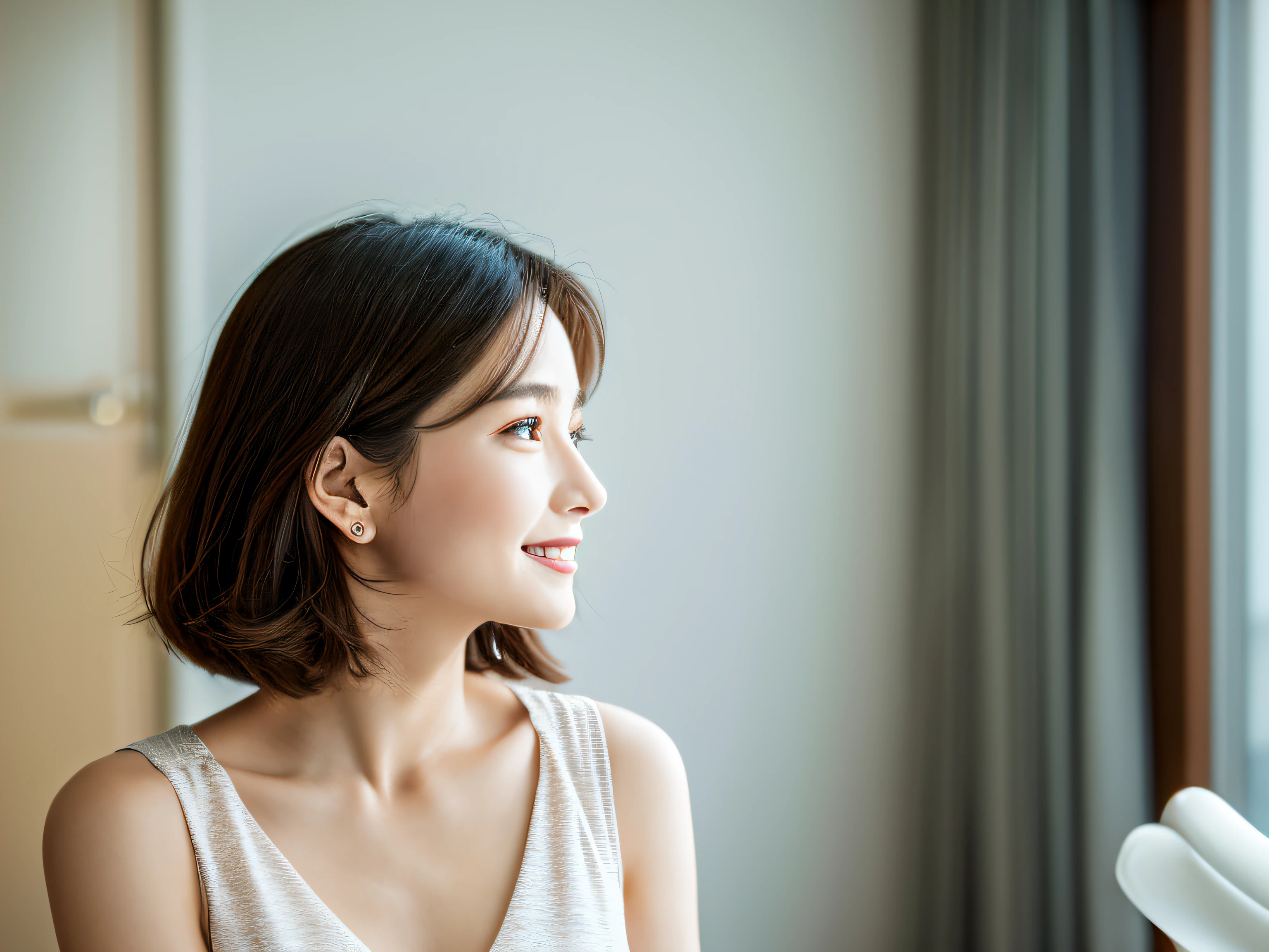The face is a hostess、White bra、pantiy、hiquality、A hyper-realistic、healthy、Smiling expression、Slender perfect figure、Japan beauties、beautidful eyes、face perfect、Beautiful skin、the morning sun、by the window、High-rise hotels、Bedrooms、beauty legs