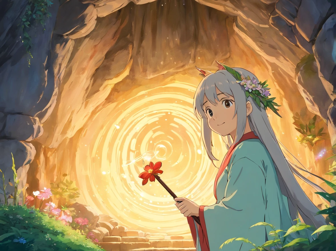 Deep in the cave,There was one dressed in a beautiful robe,Wearing a flower crown on his head,With a smile on his face。Standing long-haired fairy with magic wand in hand,Beside her is a jewel shining with light,The whole scene seems dreamy and magical。