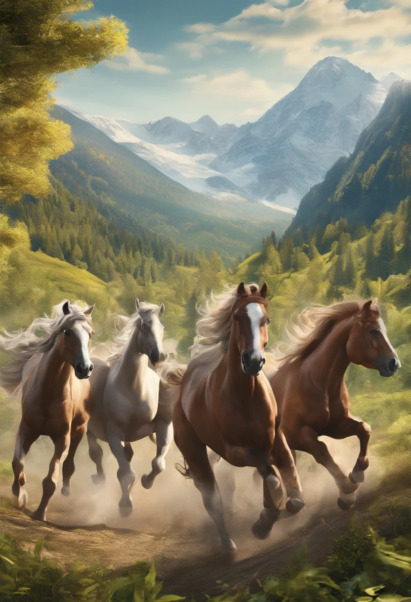 Running Horses group, at background mountains & forest realistic, high quality, high details, 8K Ultra HD, highly realistic, The camera captures every minute detail, Isometric --auto