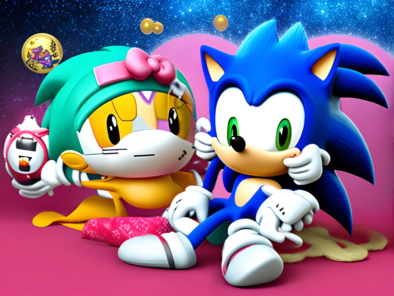 Sonic the hedgehog cuddling with hello kitty