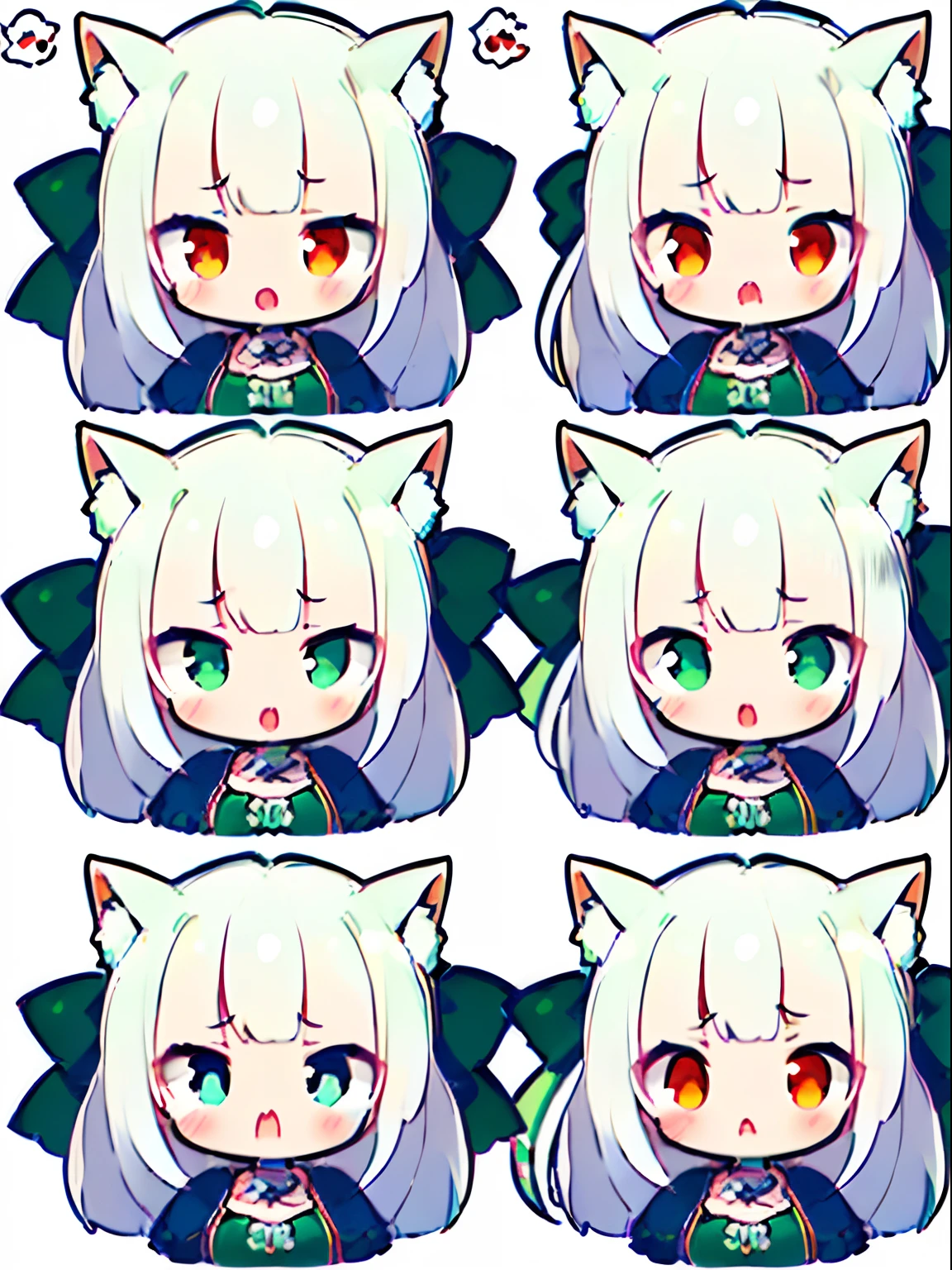 1girll,details 2k (chibi:1.3),(s whole body:1.5), ((Blank white background:1.5)), blushing, sadness, :( and, close your mouth (Green White one piece dress:1.2), ((white haired)), long hair, ((red pupil)), fox ears, fox tail, (A very large Green white ribbon on the top of the head:1.2), model sheet turnaround