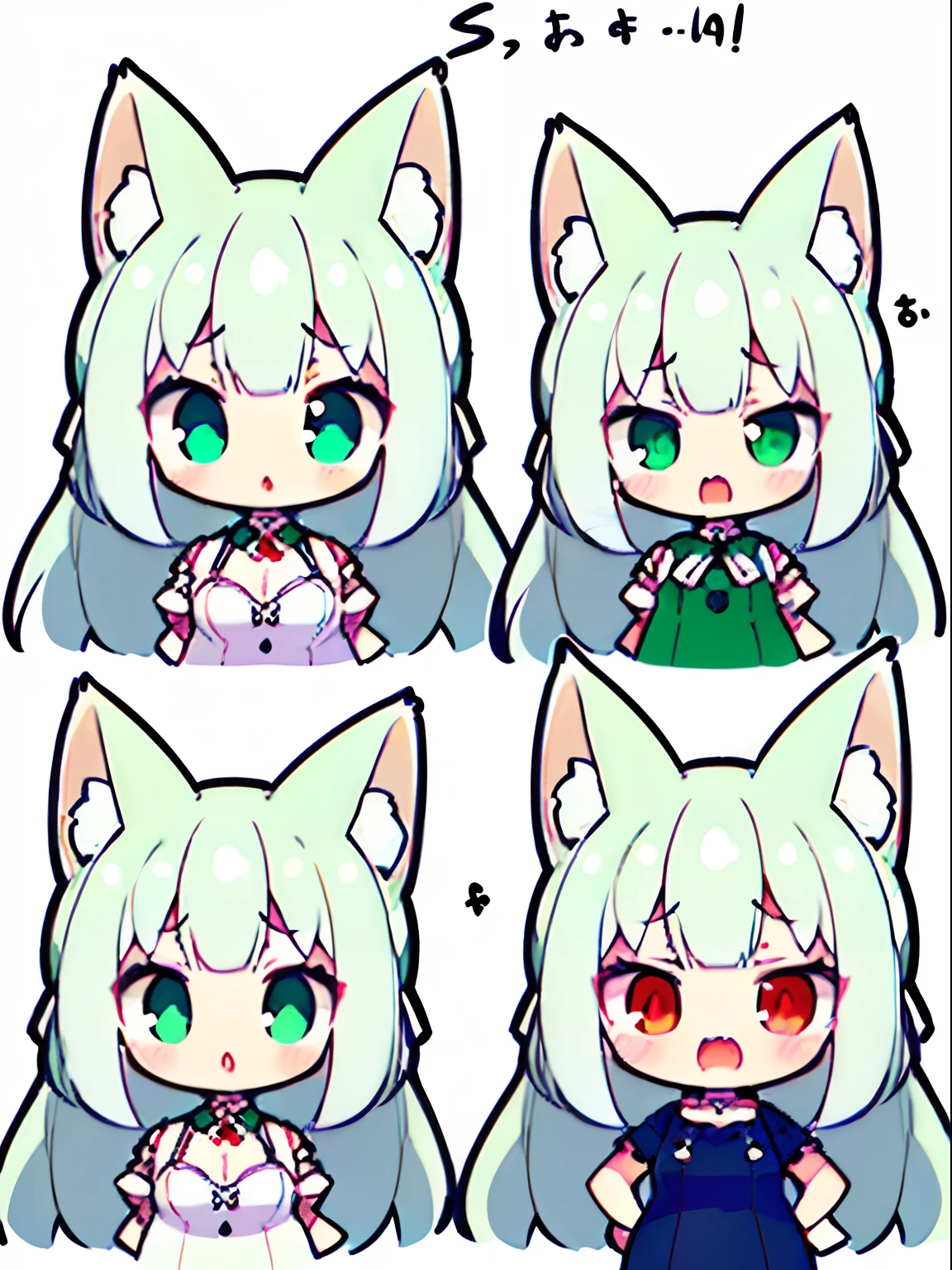1girll,details 2k (chibi:1.3),(s whole body:1.5), ((Blank white background:1.5)), blushing, sadness, :( and, close your mouth (Green White one piece dress:1.2), ((white haired)), long hair, ((red pupil)), fox ears, fox tail, (A very large Green white ribbon on the top of the head:1.2), model sheet turnaround