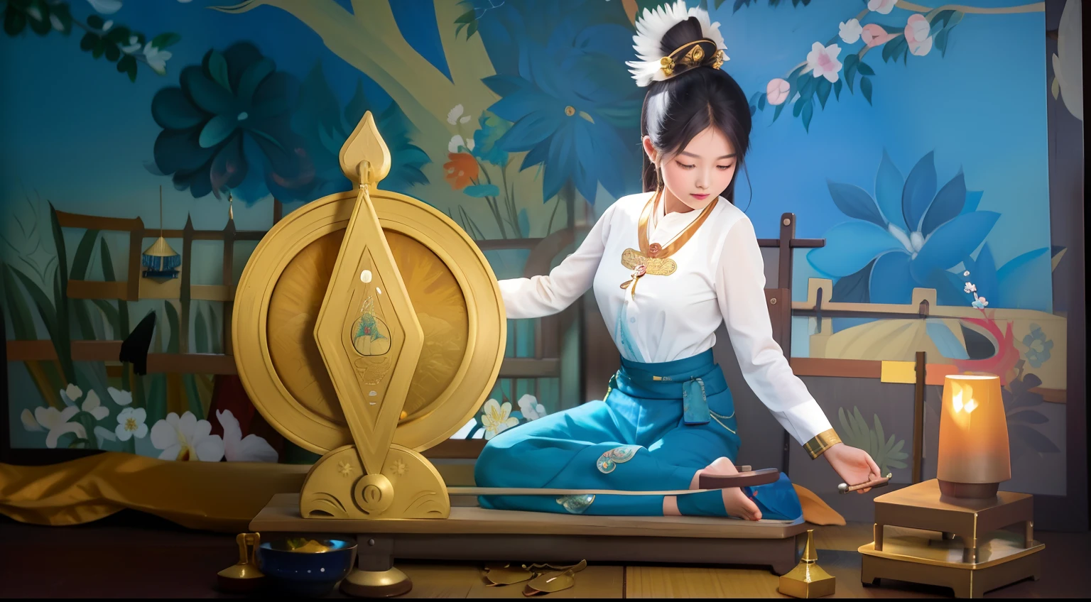 painting of a Burmese Myanmar woman sitting on a bench with a wooden wheel, Burmese Myanmar art, traditional art, traditional painting, traditional oil painting, traditional beauty