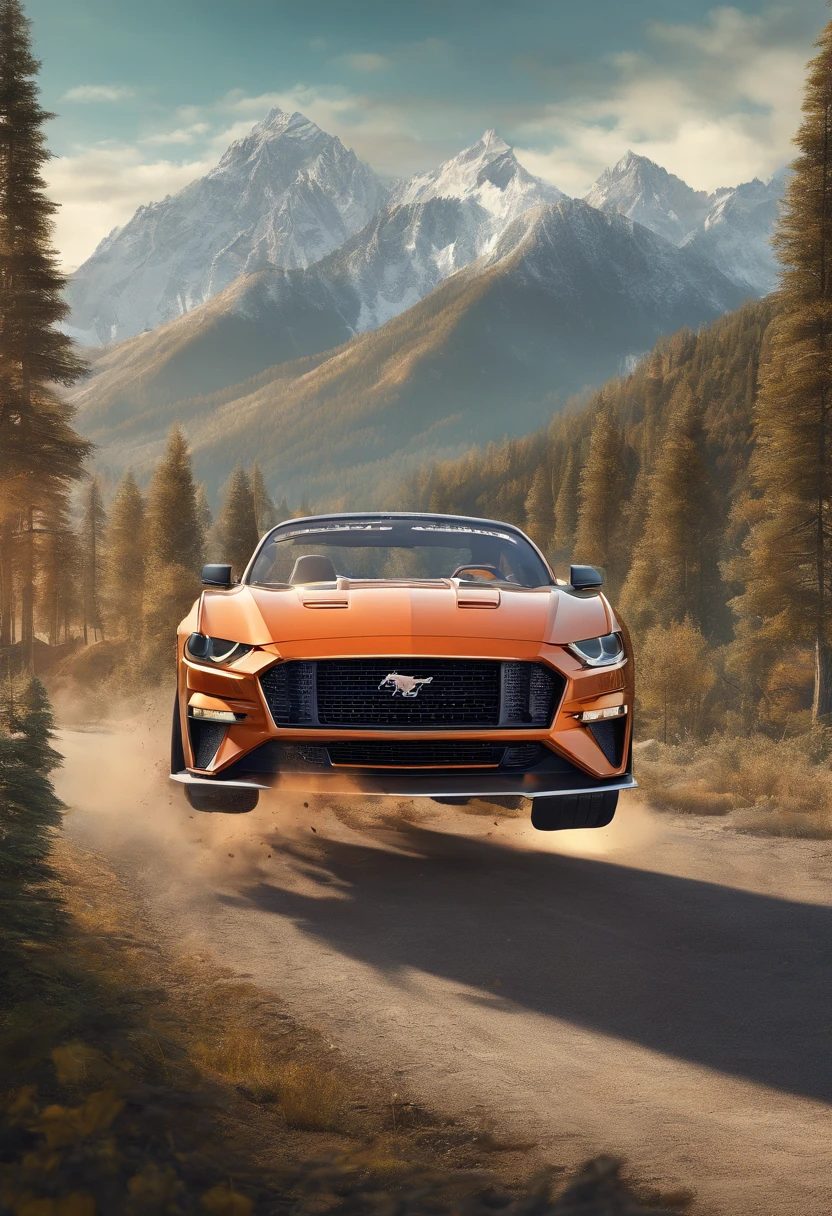 Running mustang group, at background mountains & forest realistic, high quality, high details, 8K Ultra HD, highly realistic, The camera captures every minute detail, Isometric --auto