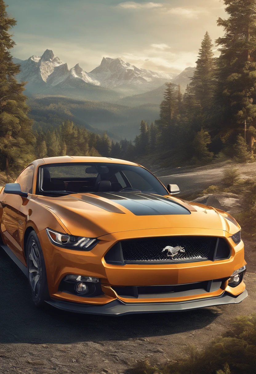 Running mustang group, at background mountains & forest realistic, high quality, high details, 8K Ultra HD, highly realistic, The camera captures every minute detail, Isometric --auto