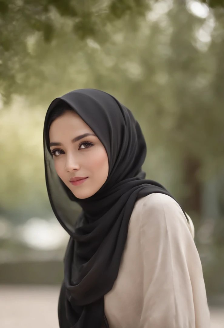 cartoon style girl full body, black hair, wearing tudung bawal, different angles, character sheet