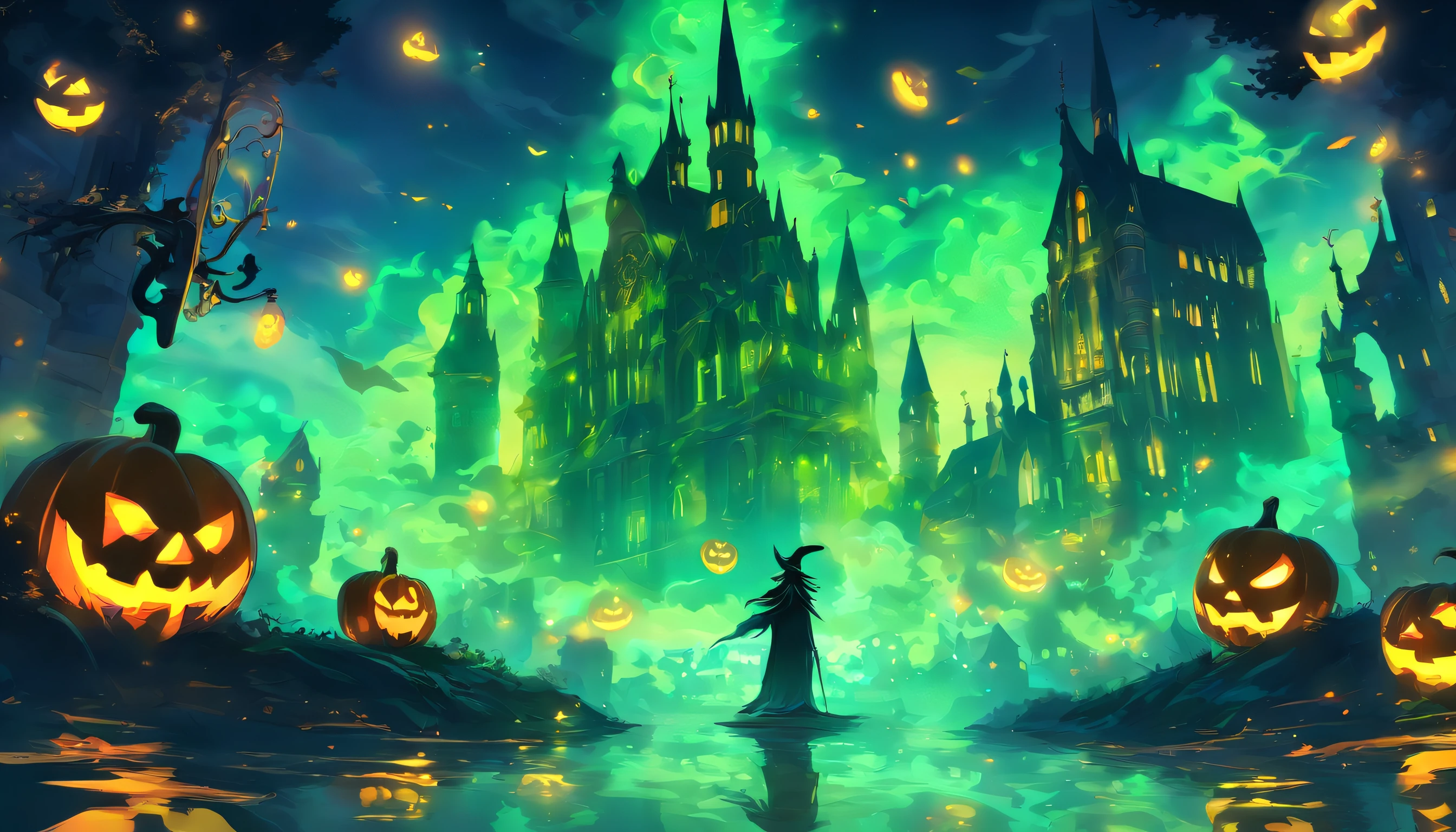 Halloween Floating Lights, Cinematographic light and reflection, glowing lights, Intermediate elements of the metaverse,digital painting, reflets brillants, Reflect, Halloween Jack-o'-lantern, Nuit calme, digital illustration, Belle ambiance, Skylights at night, Quiet atmosphere in the evening, Jack-o'-lantern, Halloween, La nuit, Thémon, The game scene, Halloween, Surrounded by clouds, Buildings in medieval Europe, Enamelled tiles, UE, Des couleurs magnifiqUEs, Il y a trois arches au premier plan((encre de couleur)), ( (Splash the ink ) ), ((Splash the ink) Inky})), tmasterpiece, High career, De beaux graphismes, high details,magnifiqUE, eeklo, church tower, green lasers