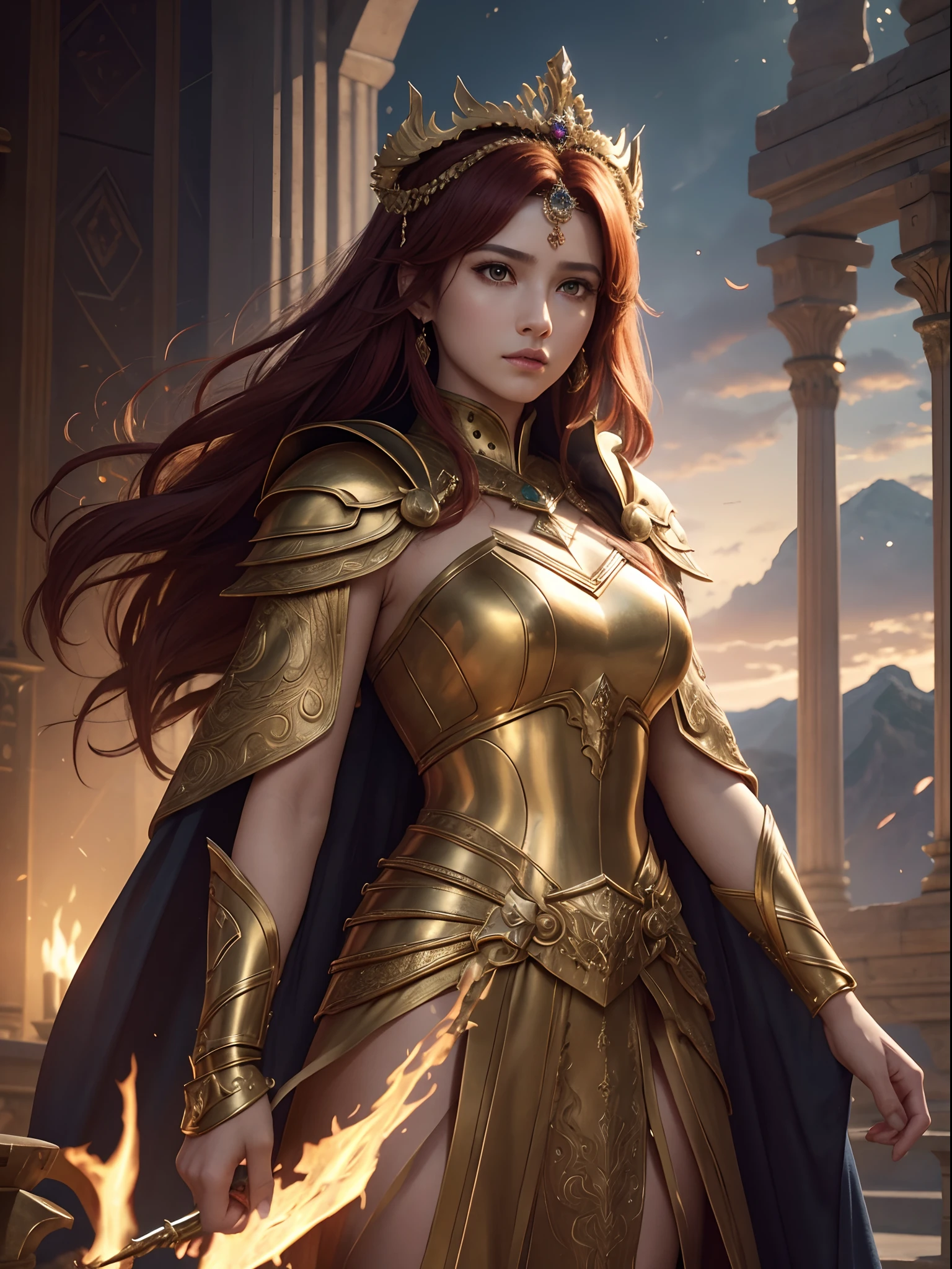 award winning 64k concept art of (1girl:1.2) in red shiny ornate armor sitting on the throne, epic, god rays, centered, (masterpiece:1.2), (best quality:1.2), Amazing, highly detailed, beautiful, finely detailed, warm soft color grading, Depth of field, extremely detailed 8k, fine art, stunning, iridescent, shiny, (light reflections:1.2), (crisp:1.5), curls, wind, vibrant, sunlit, edge detection
