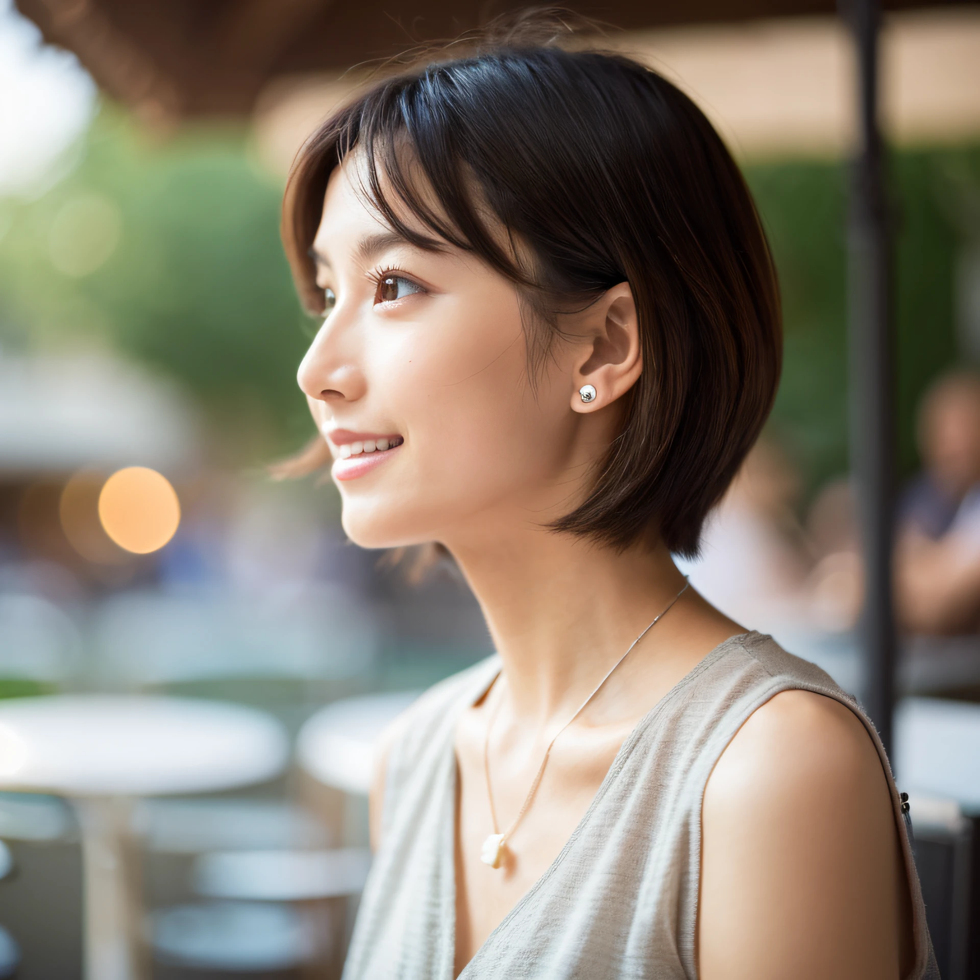 (in 8K, top-quality, ​masterpiece:1.3, 超A high resolution, A hyper-realistic), high detailing, ((Face like the real thing)), Photorealsitic, Raw foto, ((one beautiful women)), 27yo, Detailed face, beautidful eyes, realisticeyes, Eyes in Beautiful Details, (real looking skin), Beautiful skins, enticing, depth of fields, hight resolution, High pixel count, clear details, sharp photo, Natural color reproduction, Noise Reduction, High fidelity, quality, Software Updates, Optimized algorithms, Stylish café terrace, Everyday clothes, Neat and clean clothing, perfect bodies, face perfect, perfect chest, perfect teeth, Perfect tooth alignment, small tits, Sexy lips, Ears are visible, Looking away, Natural perspective, (Don't look into the viewer's eyes), a smile, kindly smile, Beautiful skins, enticing, the golden ratio, (Detal Face:1.2), profetional lighting, Lighting the face, best light, japanes，japanaese girl, Photo of a cute Japanese woman, Small necklace, Thin Silver Necklace, simple background, (Photo from the side:1.2), Casual pose, Short hair swaying in the wind