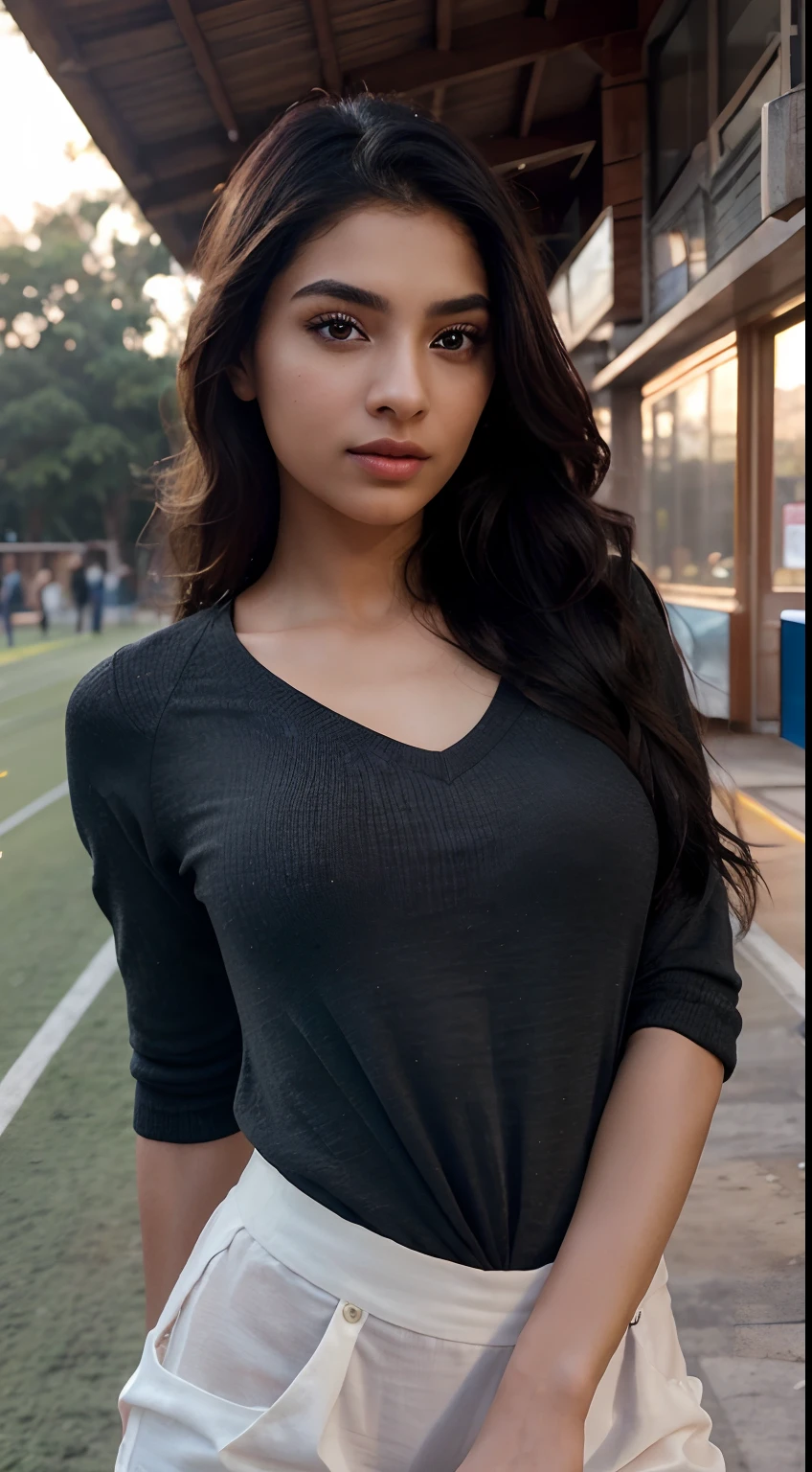 ((best quality)), ((masterpiece)), (detailed), perfect face(masterpiece:1.3), (8k, photorealistic, RAW photo, best quality: 1.4), (1girl), beautiful face, (realistic face), (black hair, long hair:1.3), beautiful hairstyle, realistic eyes, beautiful detailed eyes, (realistic skin), beautiful skin, absurdres, attractive, ultra high res, ultra realistic, highly detailed, golden ratio, indian girl A very beautiful American brunette girl who plays sports