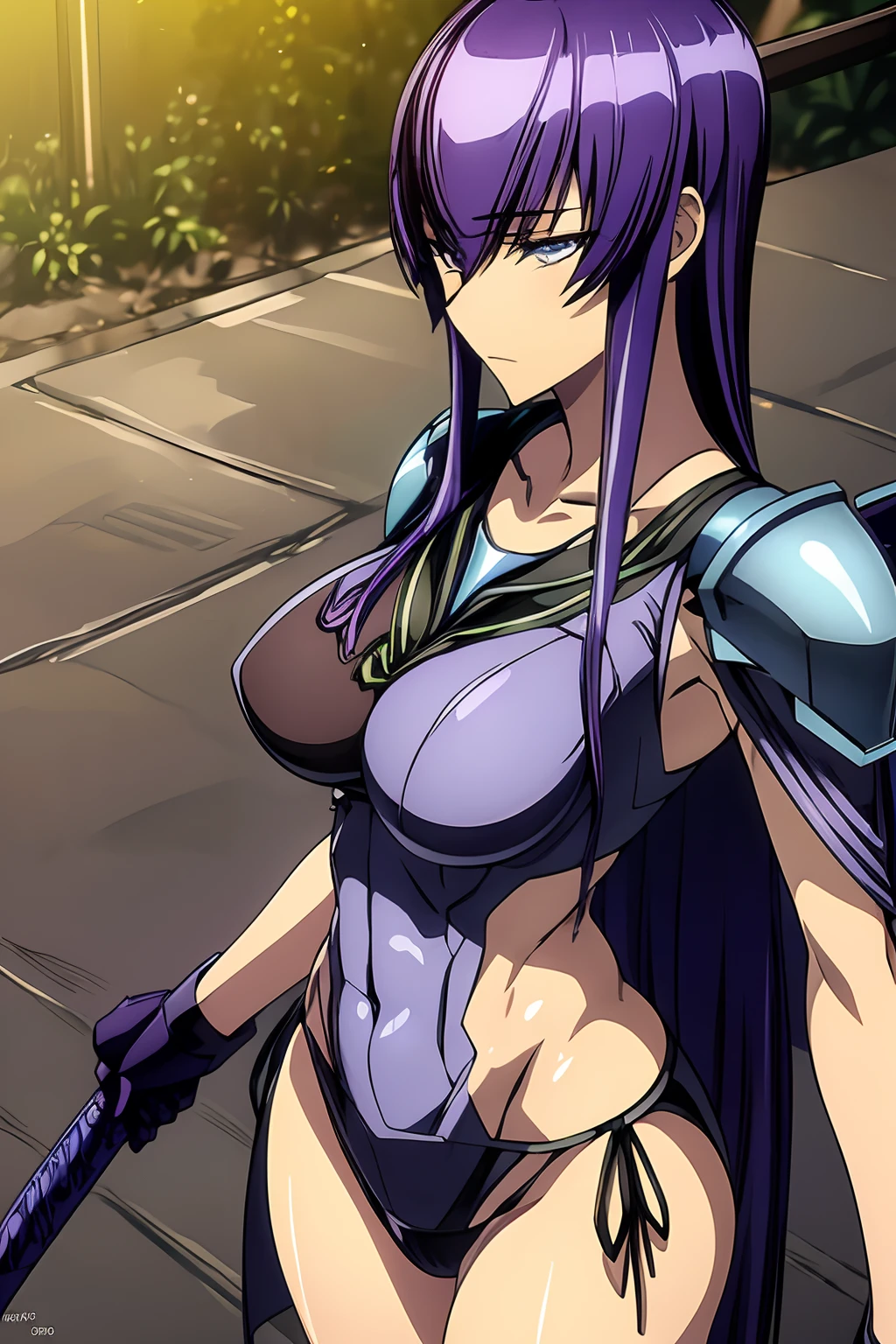 Saeko Busujima, (Super elaborate CG Unity 8K wallpaper, Obra maestra, highest qualityr): (Dynamic Angle, solamente, 1 girl in, Blue cyborg armor in the style of the police uniform, antena mental que se asemeja a orejas de conejo, cabello canoso)