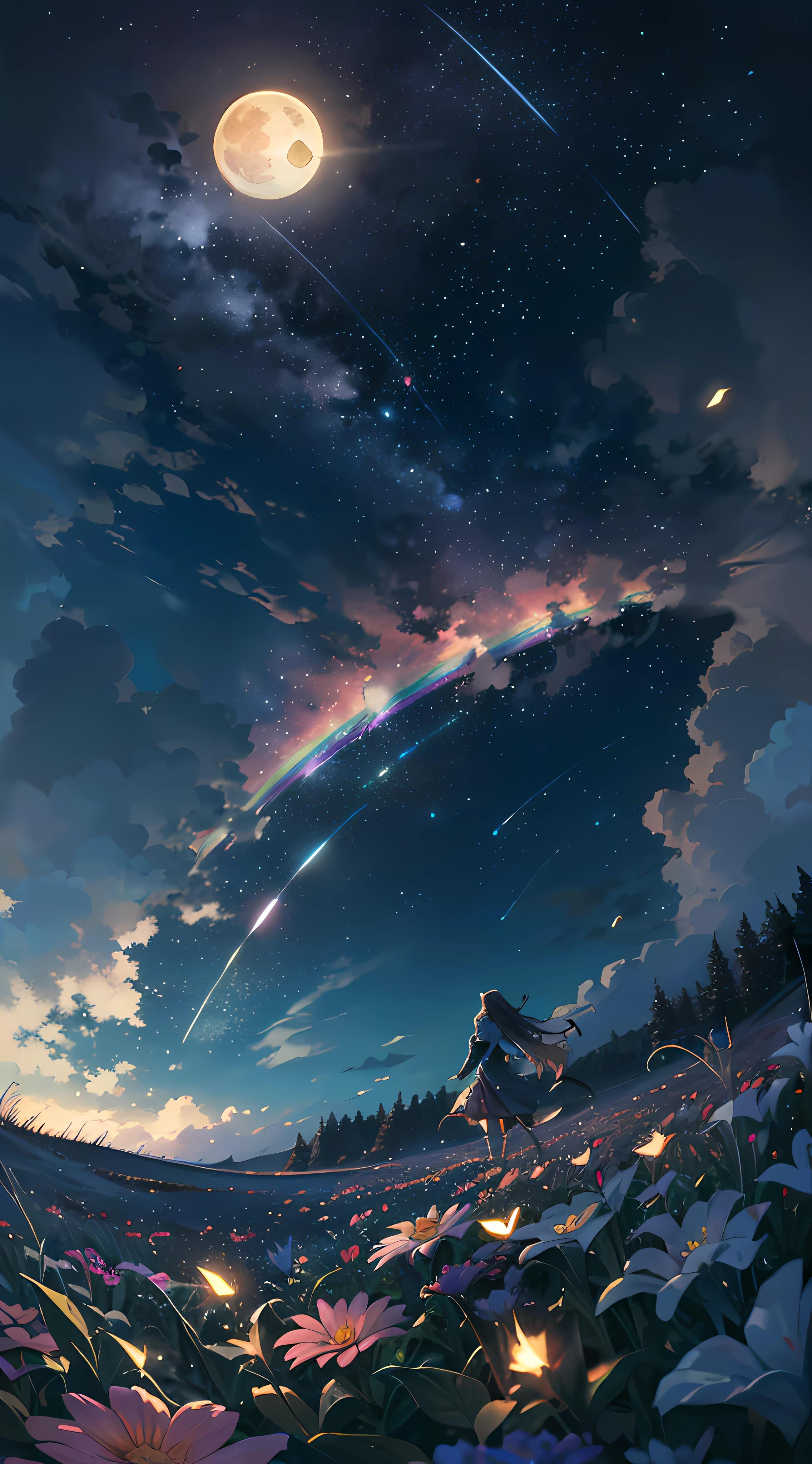 Vast landscape photo, (viewed from below, the sky is above and the open field is below), a girl standing on a flower field looking up, (full moon: 1.2), (meteor: 0.9), (nebula: 1.3), distant mountains , Trees BREAK Crafting Art, (Warm Light: 1.2), (Fireflies: 1.2), Lights, Lots of Purple and Orange, Intricate Details, Volumetric Lighting, Realism BREAK (Masterpiece: 1.2), (Best Quality), 4k, Ultra-Detailed, (Dynamic Composition: 1.4), Very Detailed, Colorful Details, (Rainbow Colors: 1.2), (Glow Lighting, Atmospheric Lighting), Dreamy, Magical, (Solo: 1.2)