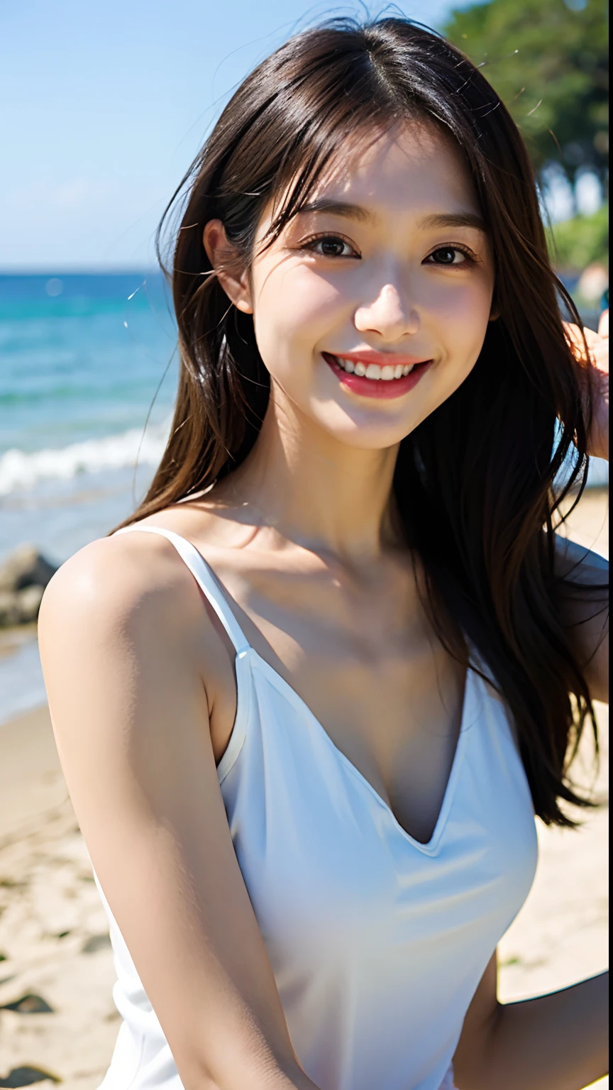 masterpiece, highest quality, Photoreal, Super detailed, finely, High resolution, 8k wallpaper, Professional, Advanced level of detail, 1 girl, thin japanese woman, ((facing the front)), detailed clavicle, perfect face, straight hair, white bikini、Nature frolicking in the sea