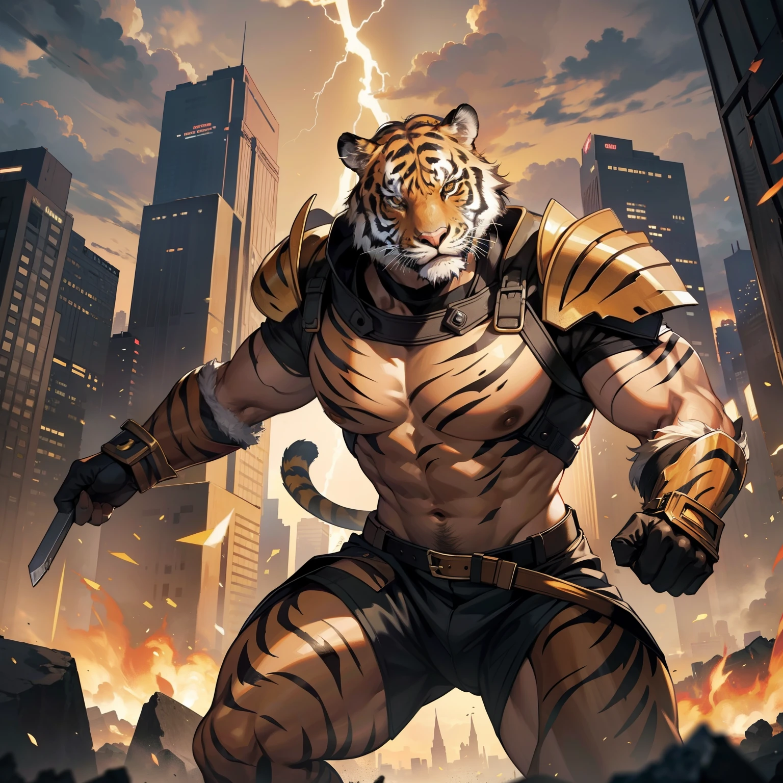 Masterpiece, high quality, best quality, HD, realistic, perfect lighting, detailed body, a tiger-man, tiger armor, lightning background, destroyed a city.