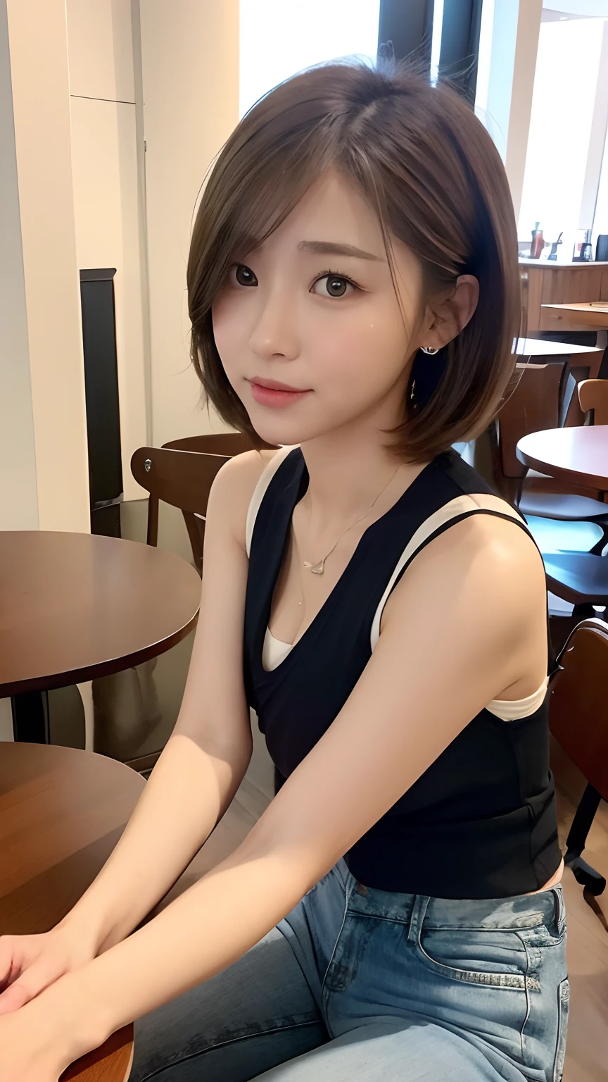 (hentail realism、A high resolution:1.3)、1 girl with a perfect figure、Super thin face and eyes、short detailed hair、vests:1 in random color.2、short jeans pants、in a cafe、coffee on table、Colossal tits、Exposed cleavage