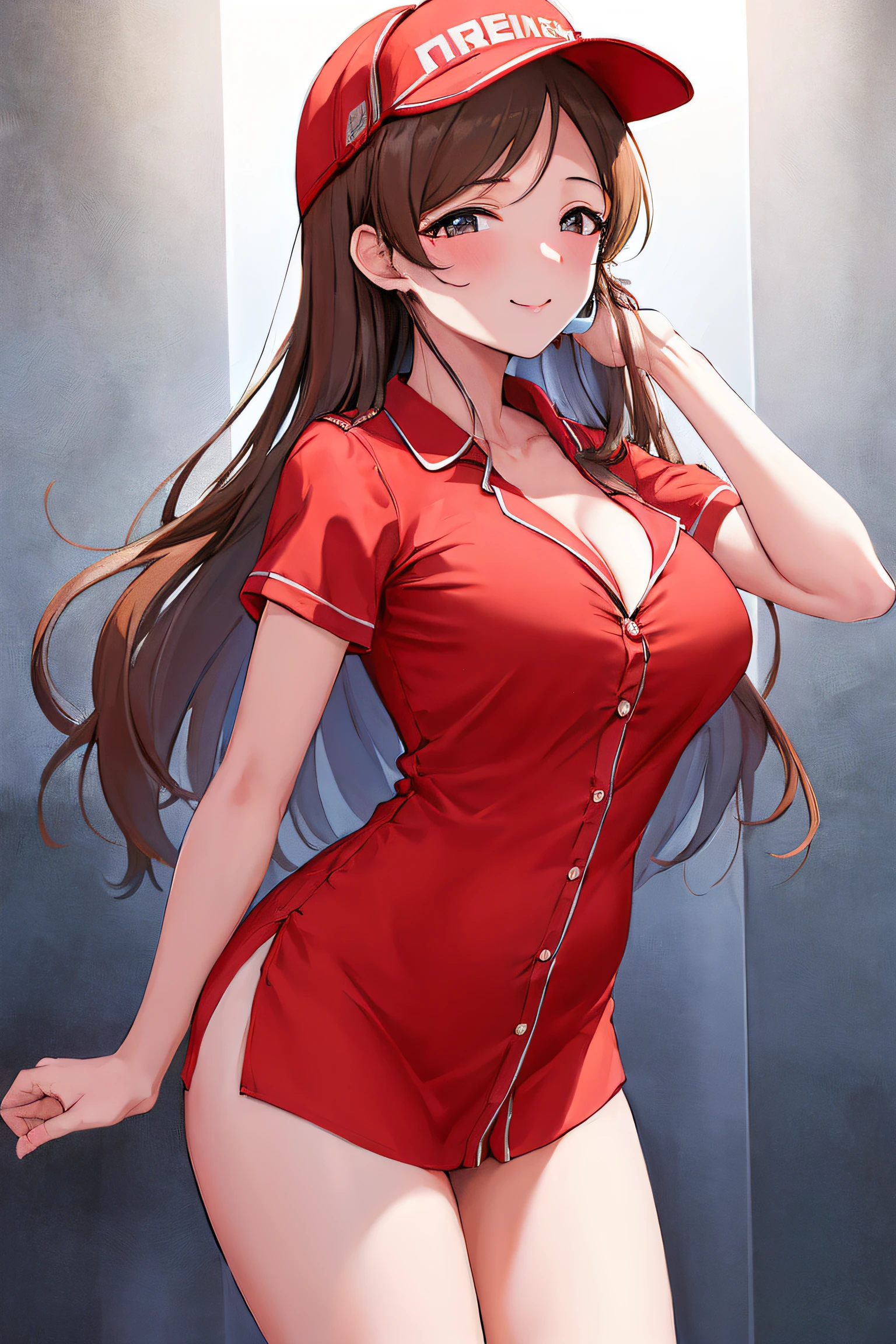 masterpiece, best quality, highres, aanitta, long hair, visor cap, headset, medium breasts, cleavage, pajamas, red shirt, dress shirt, bare legs, idolmaster, cowboy shot, standing, smile, blue sky, arms at sides, straight-on,NSFW, (beautiful_face:1.5),(narrow_waist),(perfect hands, perfect anatomy),