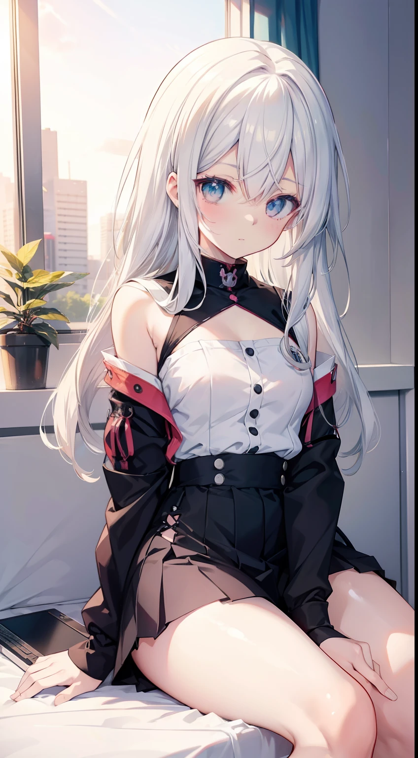 1girl, beautiful detailed eyes, long white hair, light red eyes, school uniform, high black stocking, lustrous skin, spa, onsen, night, high contrast, ((masterpiece, best quality))