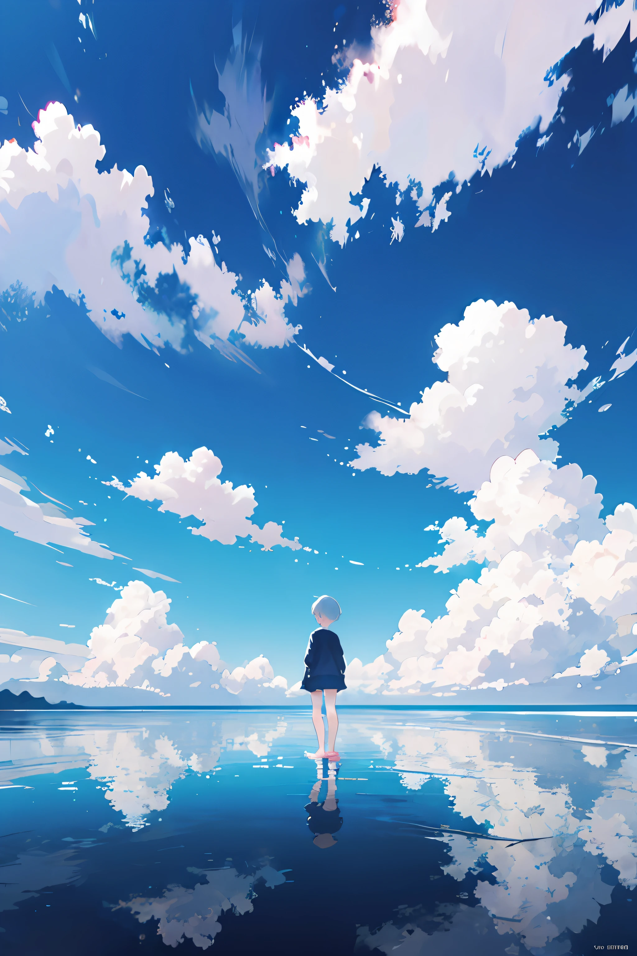 MKSKS style, (flat_Color, 2D, Pastel_Style), Official artwork, (Blue_Theme:1.2), Clouds, Niconico, offical wallpaper, (partly_Colored:0.5), (Traditional media:0.5), (Wide_Shot:1.3)
break
cloudy_sky, (Reflective_water:1.3), scenic, sky, water, (Ripples:0.5), Reflection, Wind, (Cinematic:1.2), (horizon:1.3), Shallow_water,, short_Hair, (Hair ribbon:0.5), Barefoot, Skinny, (distant:1.5), Solo