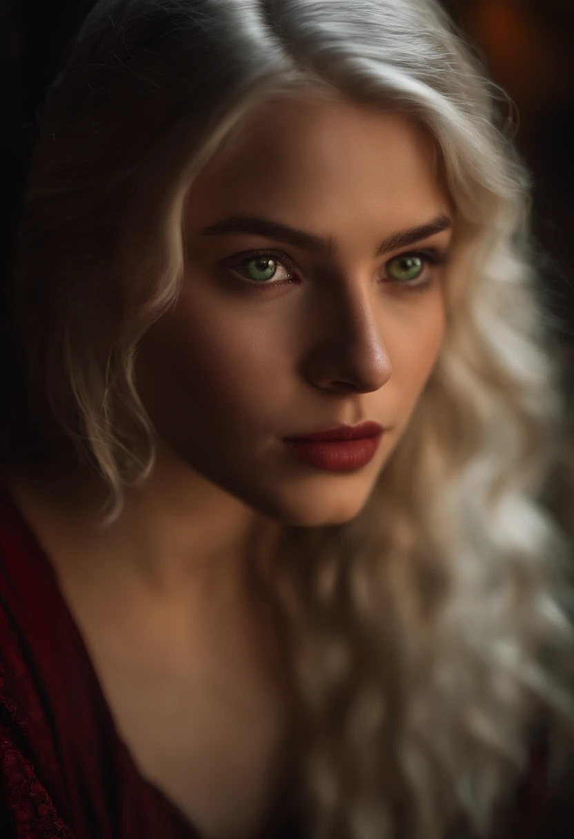 NSFW (((a deep reddish wound crosses her left cheek))) fair complexion, woman around 19 years old, natural white hair, distinctive green eyes, , slender and graceful, beautiful, candlelight in a medieval setting, ultra sharp focus, realistic shot, tetradic colors (scar:1.4)