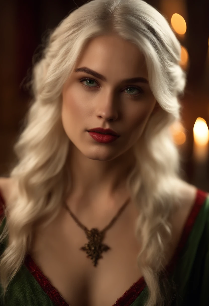 NSFW (((a deep reddish wound crosses her left cheek))) fair complexion, woman around 19 years old, natural white hair, distinctive green eyes, , slender and graceful, beautiful, candlelight in a medieval setting, ultra sharp focus, realistic shot, tetradic colors (scar:1.4)