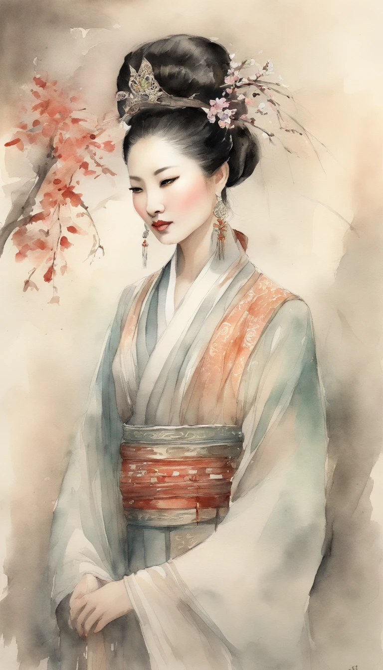 Ancient Chinese beauty,wearing ancient Chinese costume,Flowing tulle,Light silk,Lazy posture,Ink painting style,lotuspond,
