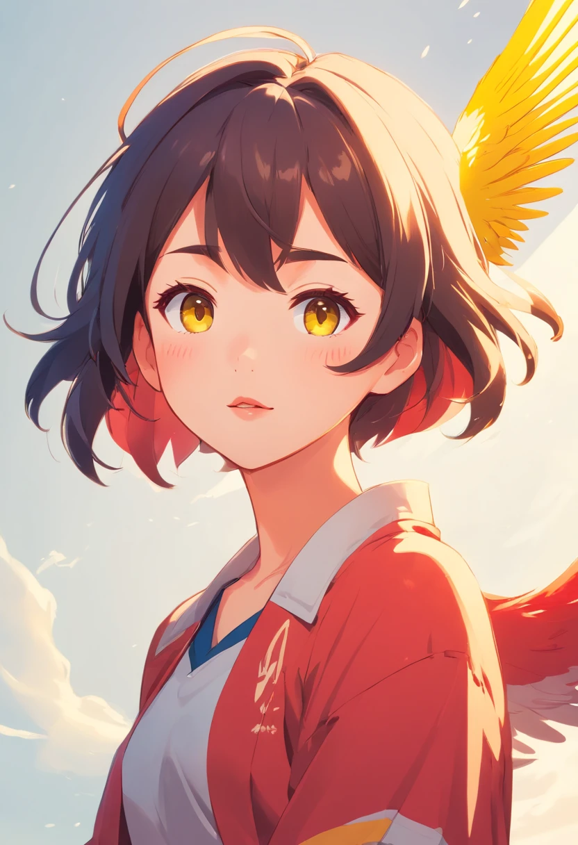 A cute little bird,Yellow body,Red mouth,Simple background,cuteexpression。