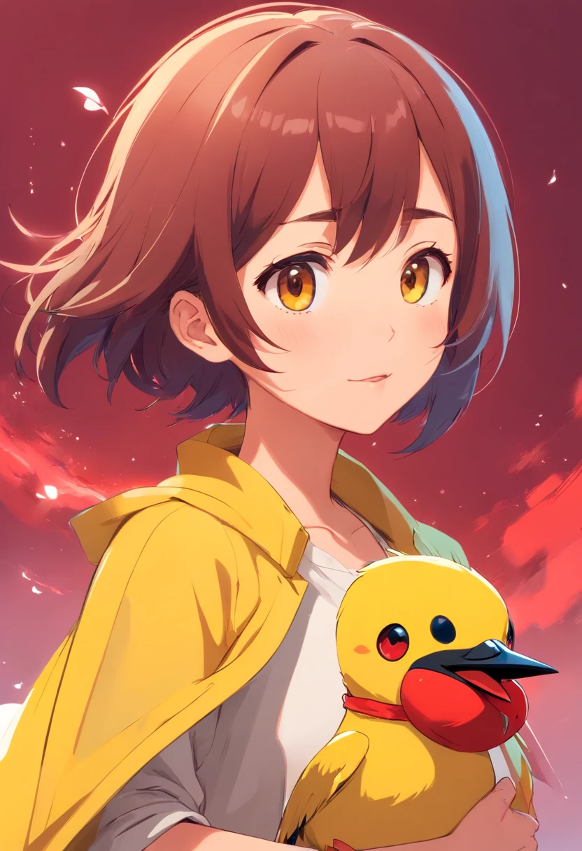 A cute little bird，Yellow body，Red mouth，Simple background，cuteexpression。