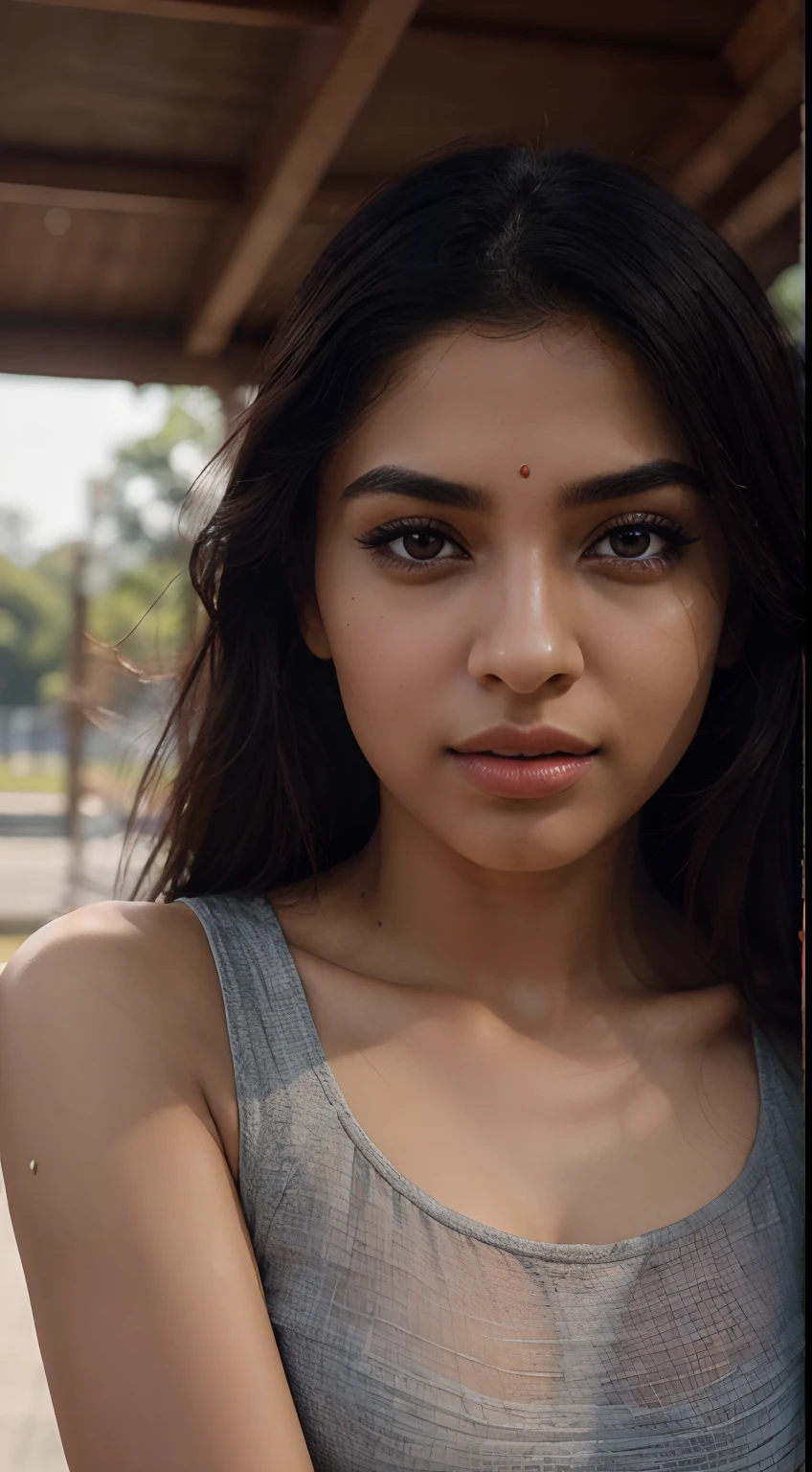 ultra-realistic photographs,Indian Instagram female model,mid 20s,9:16,mid-shot,beautiful detailed eyes,detailed lips,longeyelashes,black pull up and tied hair, naturally full eyebrows,perfectly formed nose,expressive face,attractive appearance,confident and elegant posture,graceful movement,vibrant and track dress, trackfield background, serene atmosphere,stunning architecture,soft and natural lighting,vivid colors,photorealistic,HDR,highres,studio lighting,ultra-detailed,bokeh,fully covered clothes