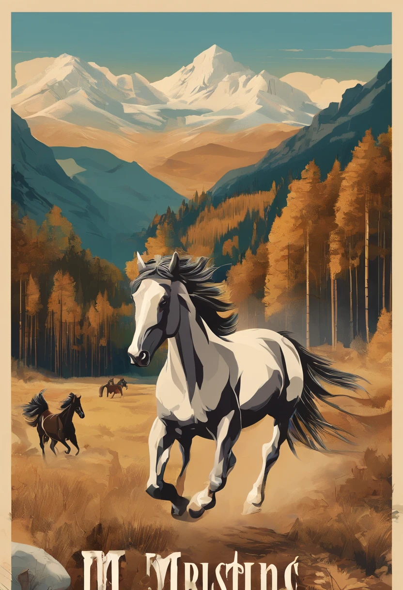 Running mustang horses group, at background mountains & forest realistic, high quality, high details, 8K Ultra HD, highly realistic, The camera captures every minute detail, Isometric --auto
