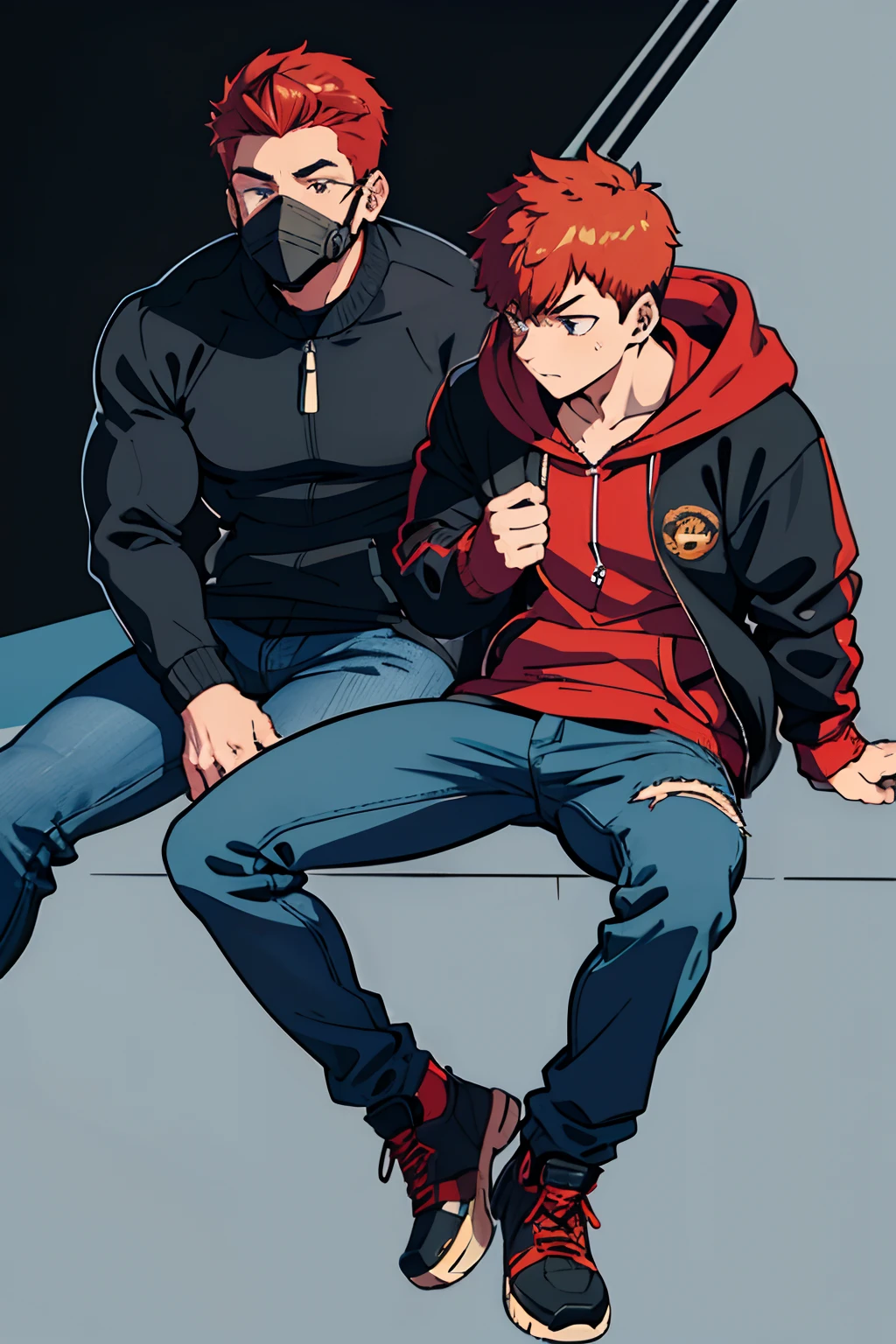 A muscular guy with a gas mask that covers his whole face, eyes, and head with big ear pieces covering ears. A Very dark black blue zip-up mesh long sleeve sweater-shaped over red hoodie. Blue jeans. Timberland shoes. Anime character. Ginger hair