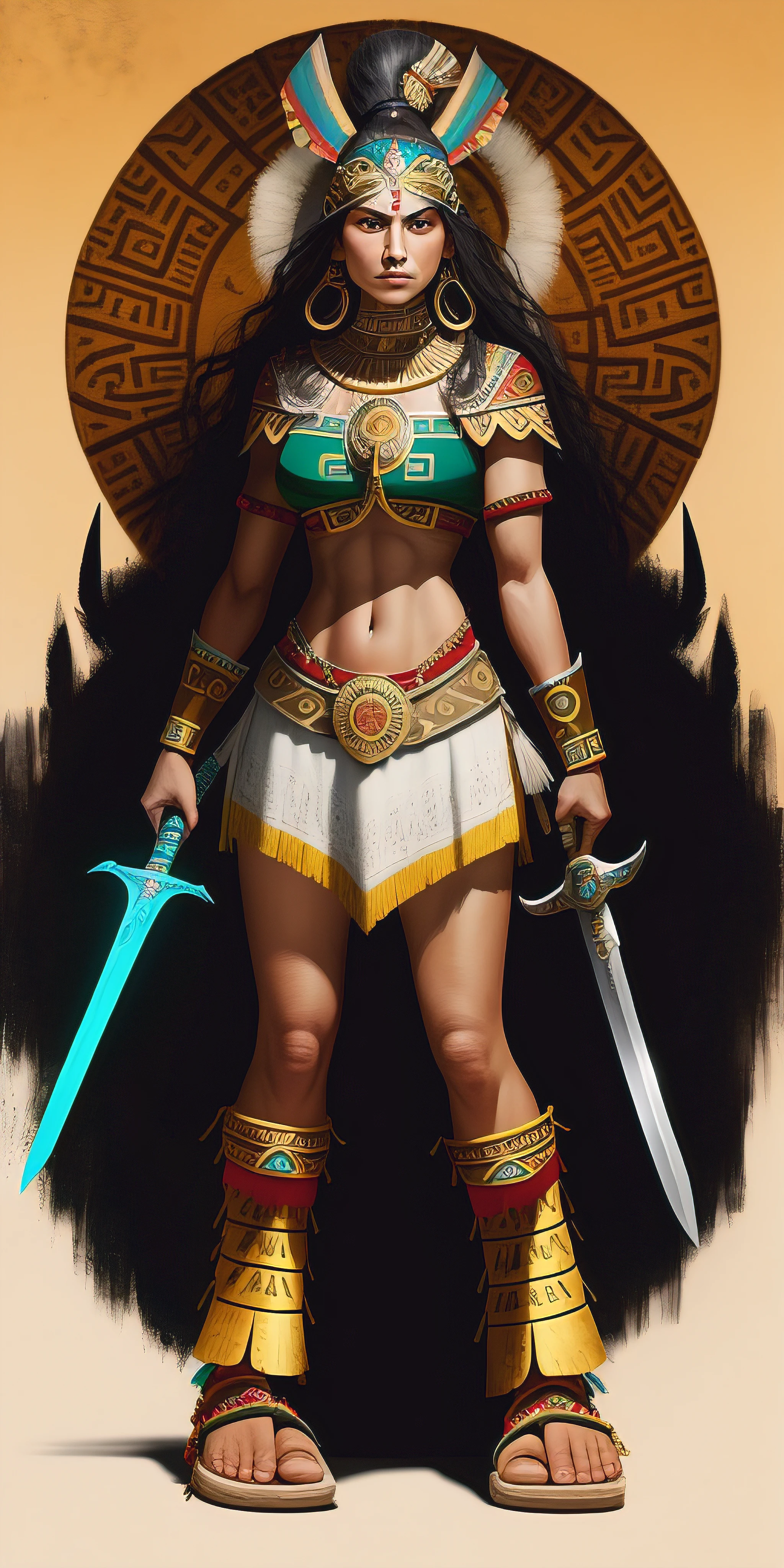 a drawing，A woman in native clothing holds a sword, warrioress, warrior girl, a beautiful woman warrior, amazon warrior, warrior princess, Female Warrior, aztec warrior goddess, barbarian warrior woman, north female warrior, beautiful female warrior, warrior queen, portrait of a woman warrior, Aztec princesses fight barbarians, Greek Amazonian warrior, north adult female warrior, aztec princess portrait，Rich and brilliant colors。