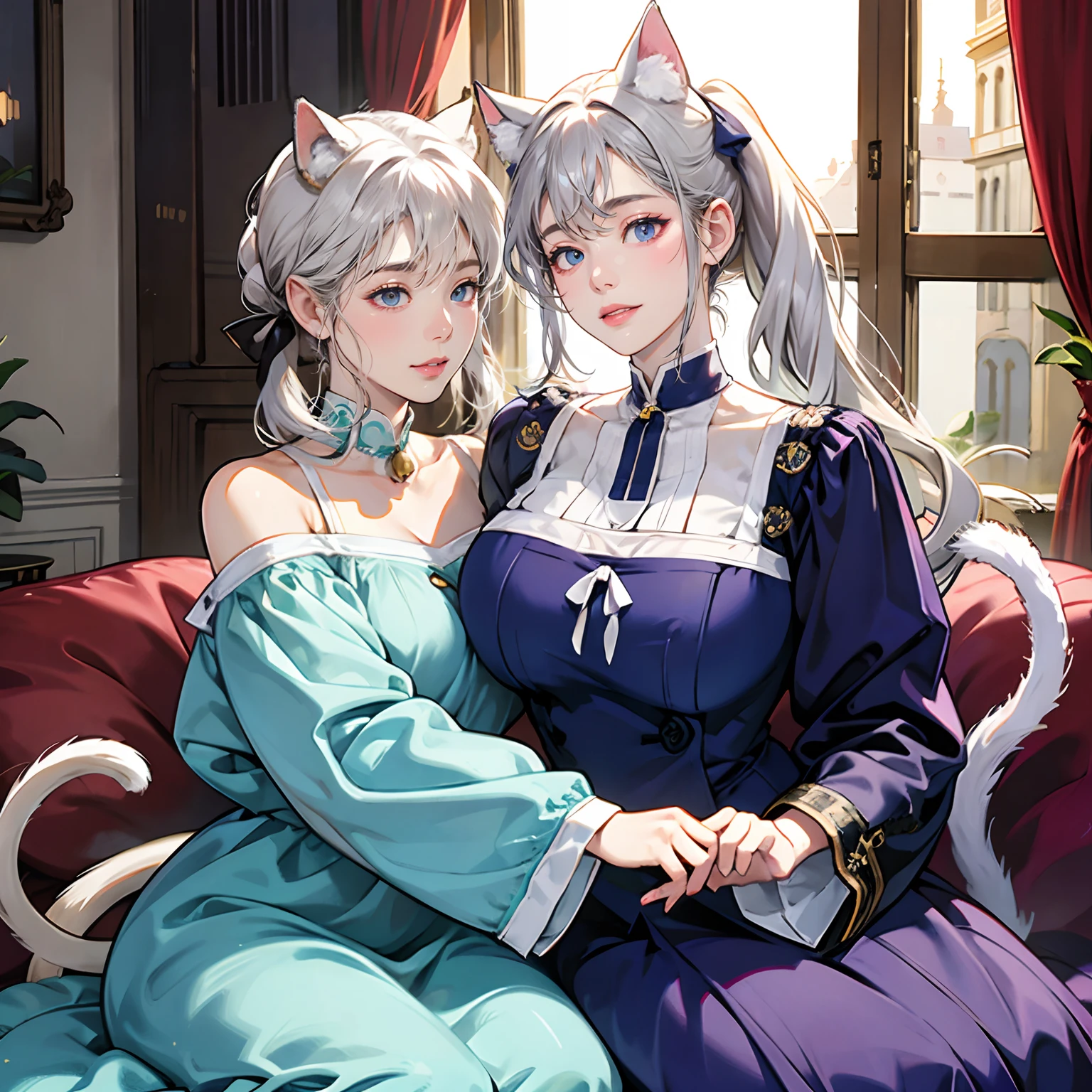 Women in Their 20s、2 females:2.0、offcial art, unity 8k wall paper, ultra-detailliert, beautifly、Aesthetic, masterpiece, top-quality, Photorealsitic、Cat-eared clan、Cat's ears、very thick tail:1.5、very thick and long tail、Dark blue eyes、Silver-white hair、Short ponytail、Pigtail hairstyle:1.8、Collar with bell:2.0、Blue Apron Dress、depth of fields, Fantastic atmosphere, Calm palette, tranquil mood, Soft shading、cobblestone road、Stone signpost、Rivers and bridges、Beautiful Landscapes、bbw、very large breast、plump figure、krystal、Cat's ears:1.8、Cat ears on the head、Thick waist、thick thight