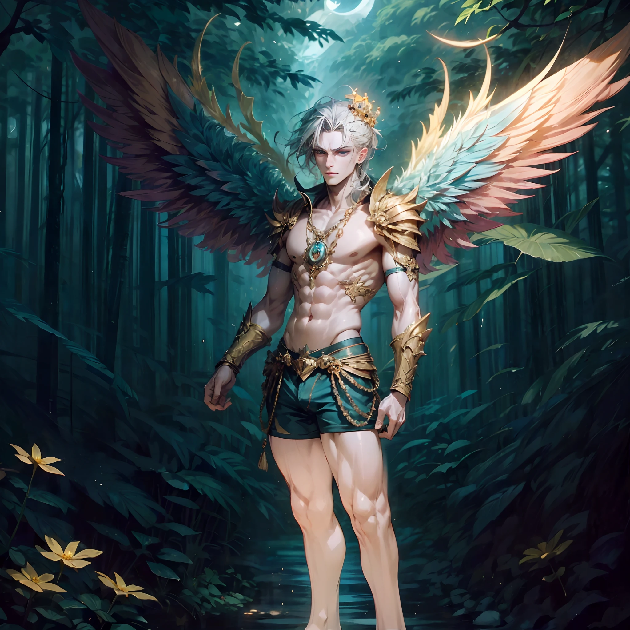 In the realm of myth and legend, a breathtaking sight unfolds—a legendary young angel, asian, muscular, handsome, male model, shirtless, double eyelids, big areola, short hair, heaty white skin, blessed with the spirit of the White Bengal Tiger. This celestial being manifests as a mighty and imposing figure, radiating an aura of raw masculine power. With a chiseled physique and a presence that commands attention, he embodies the perfect union of divine grace and untamed strength. The angel's muscular form exudes an air of untamed prowess, his every sinew rippling with power. His broad shoulders, sculpted chest, and well-defined muscles speak of his formidable physicality and unmatched resilience. Each movement he makes is infused with a captivating blend of elegance and force, a testament to his celestial origin and his connection to the majestic White Bengal Tiger. Upon his head rests a crown, a symbol of his celestial dominion. Carved from ivory-white jade, the crown features intricate motifs inspired by tiger claws and regal motifs representing his power and authority. Embedded within the crown, a radiant gemstone glows with an otherworldly luminescence, reflecting the boundless energy and primal essence of the White Bengal Tiger. The angel's countenance is a mesmerizing blend of serenity and fierceness. His piercing eyes, the color of molten gold, exude an otherworldly wisdom and a burning intensity that hints at his indomitable spirit. A flowing mane of lustrous white hair cascades down his back, its ethereal strands imbued with a soft radiance that echoes the moonlit glow. He stands as a guardian and protector, embodying the untamed spirit of the wild, and offering solace and guidance to those who seek his celestial light.