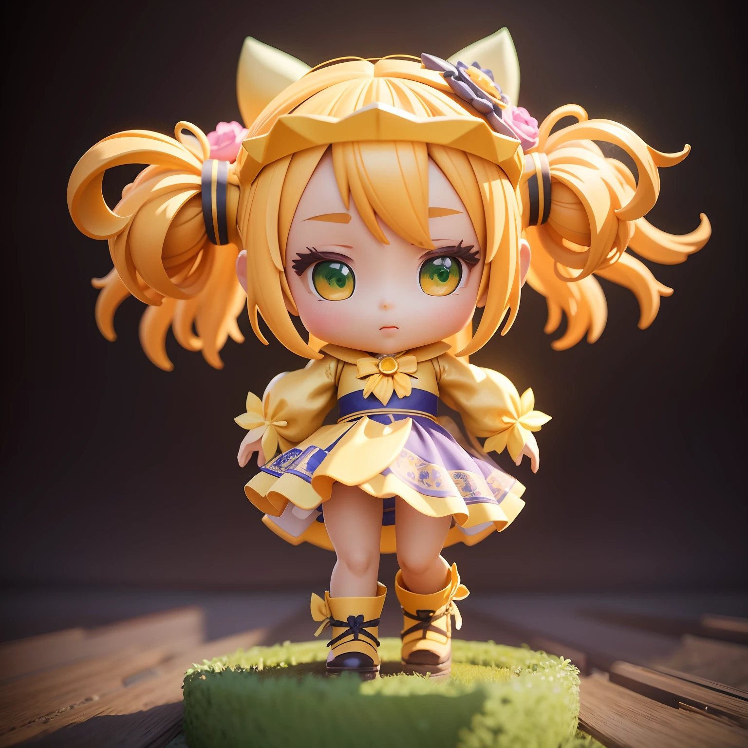 There is a statue of a girl dressed in yellow, 3 d render stylized, 8k octae render photo, highly detailed character, 4 k octan render, , Anime figur, pvc figurine, 3 D rendering character art 8 K, high res render, cute 3 d render, toon render keyshot, vinyl toy figurine, ( highly detailed figure )The background is a green steppe,Wrap the doll in the middle