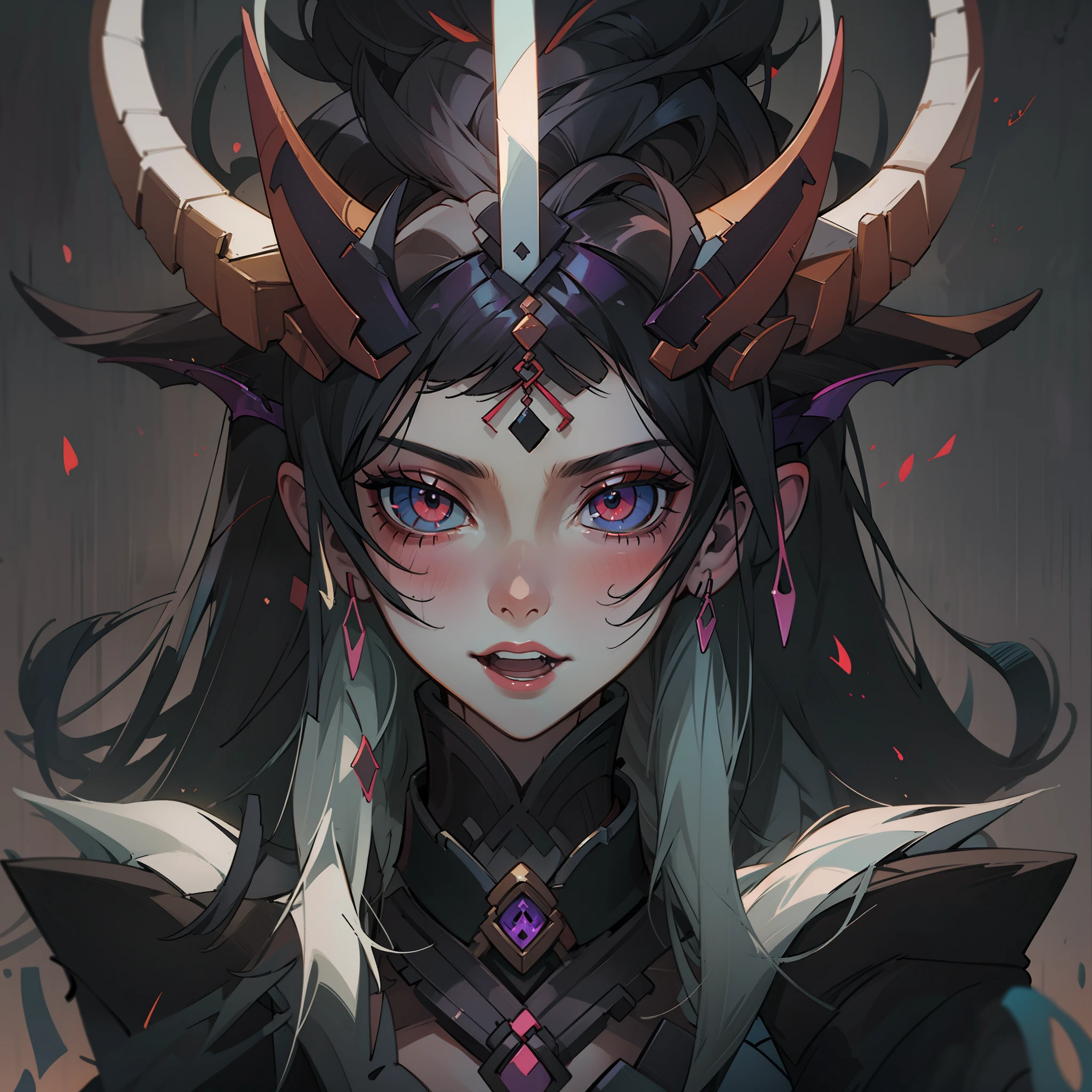 a close up of a woman with horns and a demon face, digital art inspired by Li Mei-shu, cgsociety contest winner, digital art, albedo from overlord, onmyoji portrait, deviantart artstation cgscosiety, fanart best artstation, badass anime 8 k, portrait gapmoe yandere grimdark, widowmaker