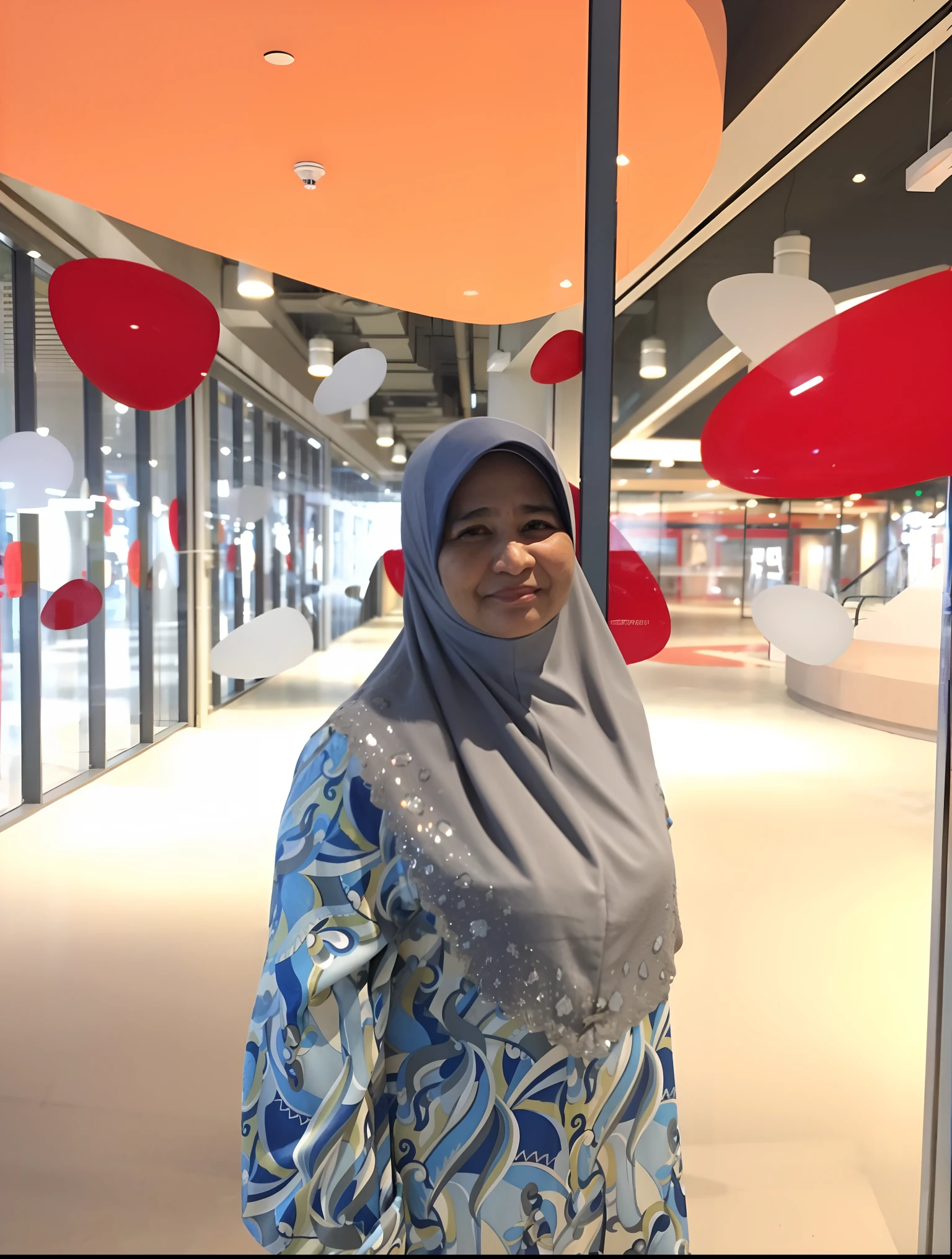 woman in hijab standing in front of a window with red and white balloons, faridah malik, in a mall, at a mall, appearing in a shopping mall, zaha hadi, inspired by Nazmi Ziya Guran, inspired by Ni Yuanlu, profile picture, at sunrise, zenra taliyah, ameera al taweel, taken at golden hour