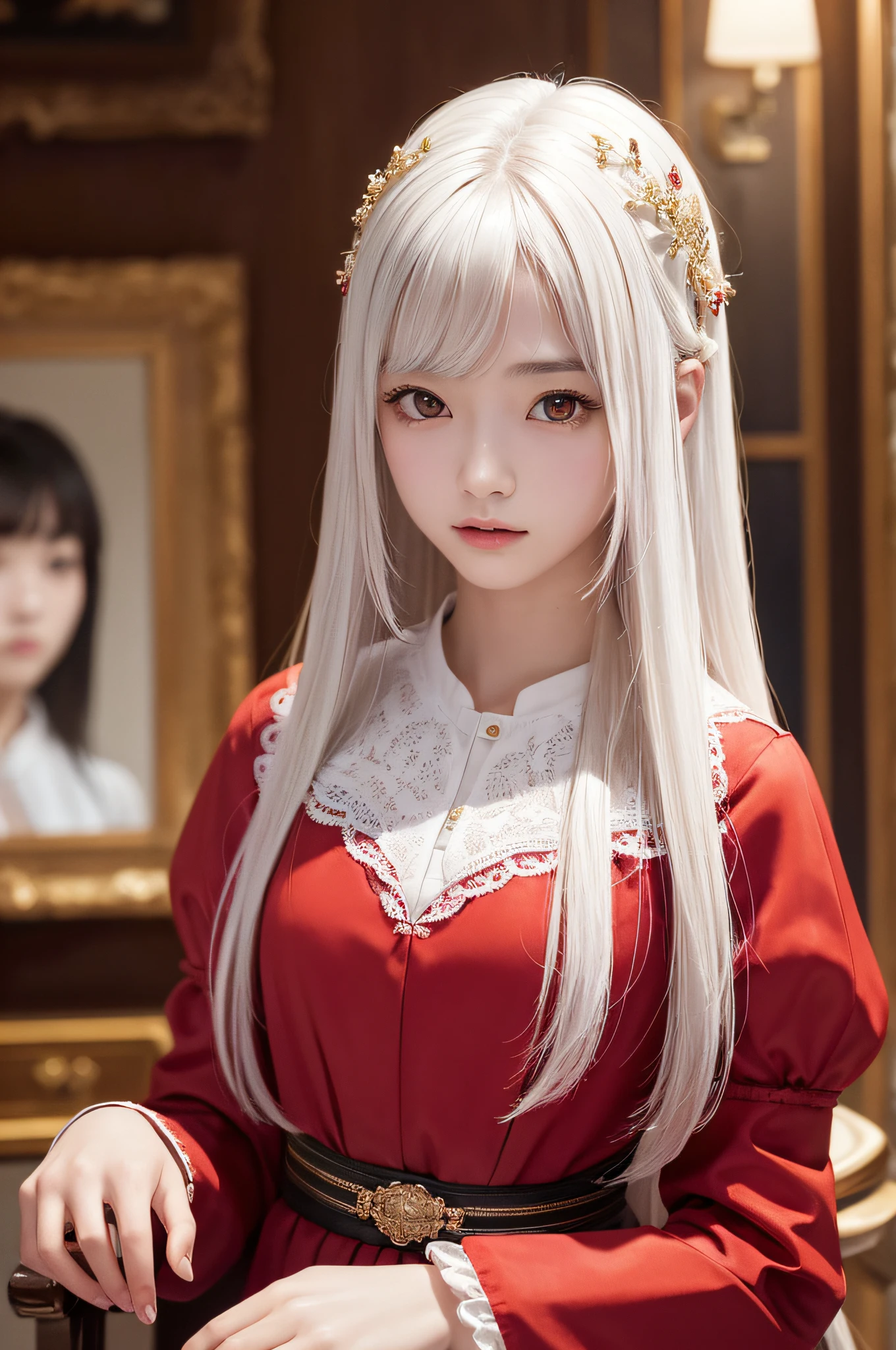 (masterpiece、top-quality、top-quality、Beautifully Aesthetic:1.2)、(1girl in:1.3)、(Fractal art:1.3)、absurderes、masterpiece、top-quality、realisitic、ultra-detailliert、(shinny skin)、Look at viewers、A slender、1girl in、独奏、stright long hair、Princess Cut、red eyes、动态照明、hight resolution、foco nítido、depth of fields、 tiny chest、Vampires、masterpiece、top-quality、ultra-detailliert、Super detailed face、best quality face、20 years old、Adults、1girl in、20 years old、No humans、white hair、Alchemy costume、Intricate detailed costumes、sexy pose、Glowing red dress