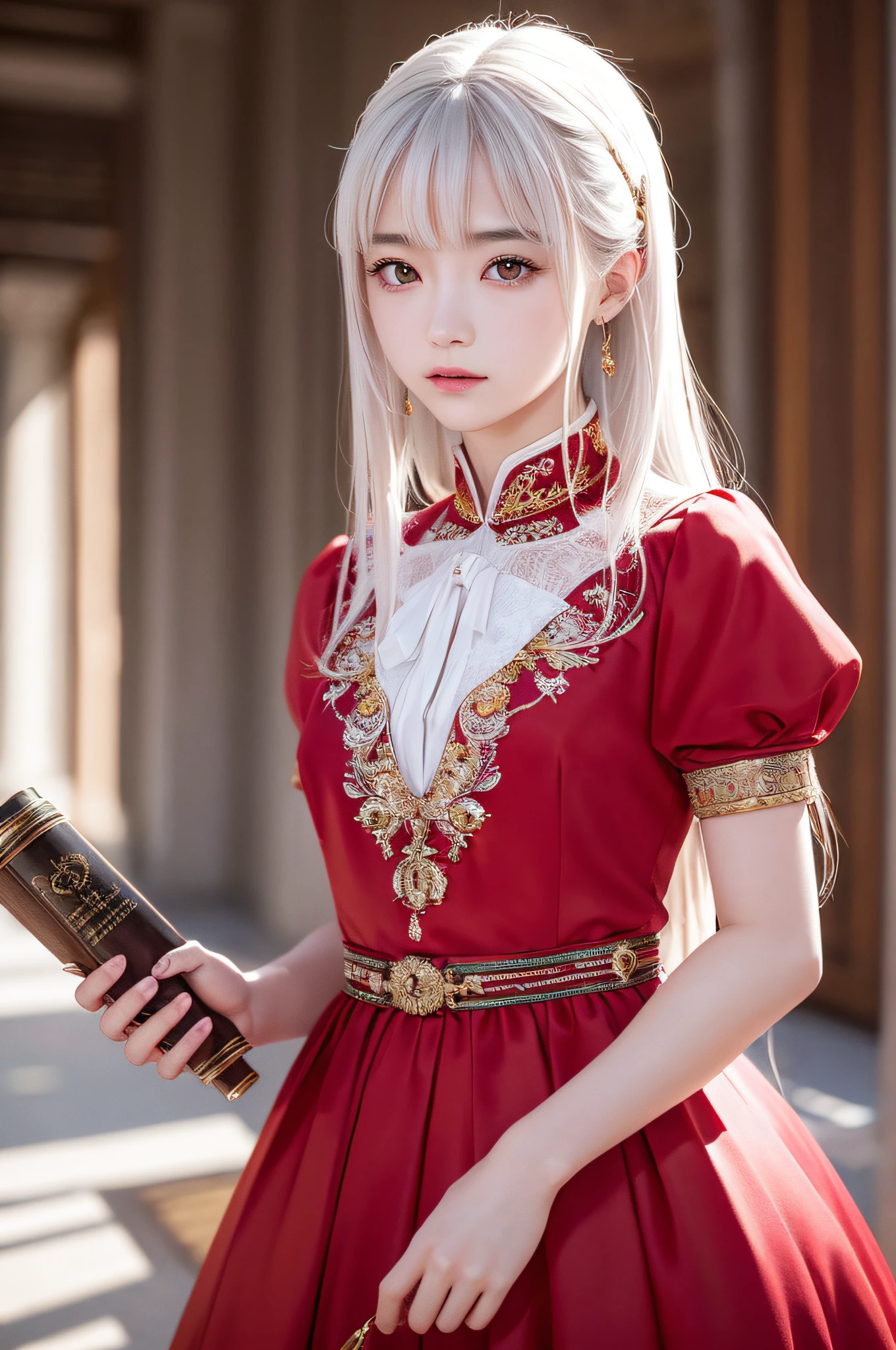 (​masterpiece、top-quality、top-quality、Beautifully Aesthetic:1.2)、(1girl in:1.3)、(Fractal art:1.3)、absurderes、​masterpiece、top-quality、realisitic、ultra-detailliert、(shinny skin)、Look at viewers、A slender、1girl in、独奏、stright long hair、Princess Cut、red eyes、动态照明、hight resolution、foco nítido、depth of fields、 tiny chest、Vampires、​masterpiece、top-quality、ultra-detailliert、Super detailed face、best quality face、２0 years old、Adults、1girl in、２0 years old、No humans、white  hair、Alchemy costume、Intricate detailed costumes、sexy  pose、Glowing red dress