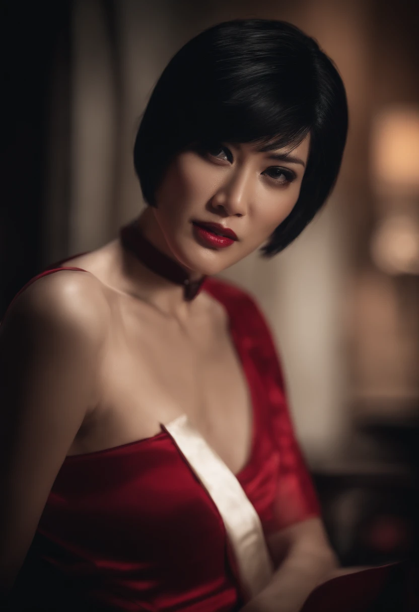 (best quality,highres),(realistic:1.37),(beautiful,gorgeous:1.1) Japanese woman with (straight bob:1.1) and (jet black:1.1) hair, (bust-up:1.1) portrait, dressed in (lingerie), adorning a (memo) on her chest.