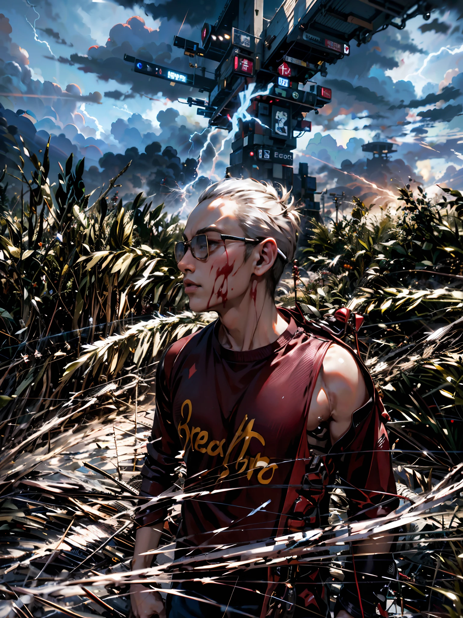 1boy,(-yeld bo.5)、Cyberpunk Boy、silver-haired、Sharp hairstyles、machine gun、Japanese sword on the back、Blood all over the body.、Upper body image only、Overhead view of the composition、The beginning of the adventure、Lots of clouds,Fog、moon,(lightning:1.5)、The busy city of the future、Dystopian Movies、A group of very tall skyscrapers stands in the center.、Very complex cityscape,Crowded Chinese skyscrapers、Road Signs、street light、taxi、Bus、train、Blue Light,Dark Street、pond、confused、Beautiful and amazing scenery.、Cinematic scenery、High Quality、Masute Piece,In 8K、high-res、