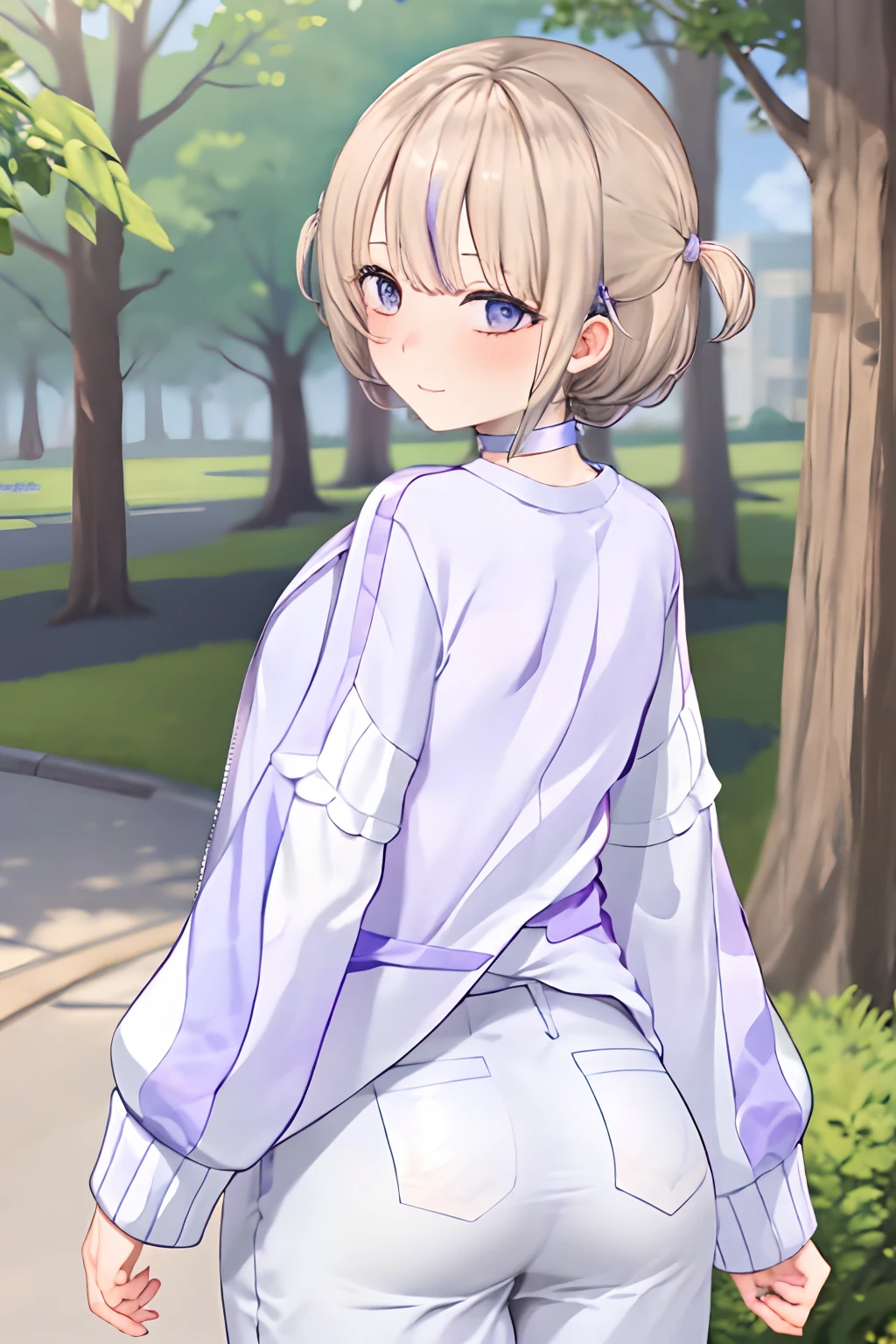 1girl in, Solo, Boom, White shirt, Purple Choker, Purple jacket, Upper body, Outside, Park, Nature,ass focus, big ass,I'm blushing